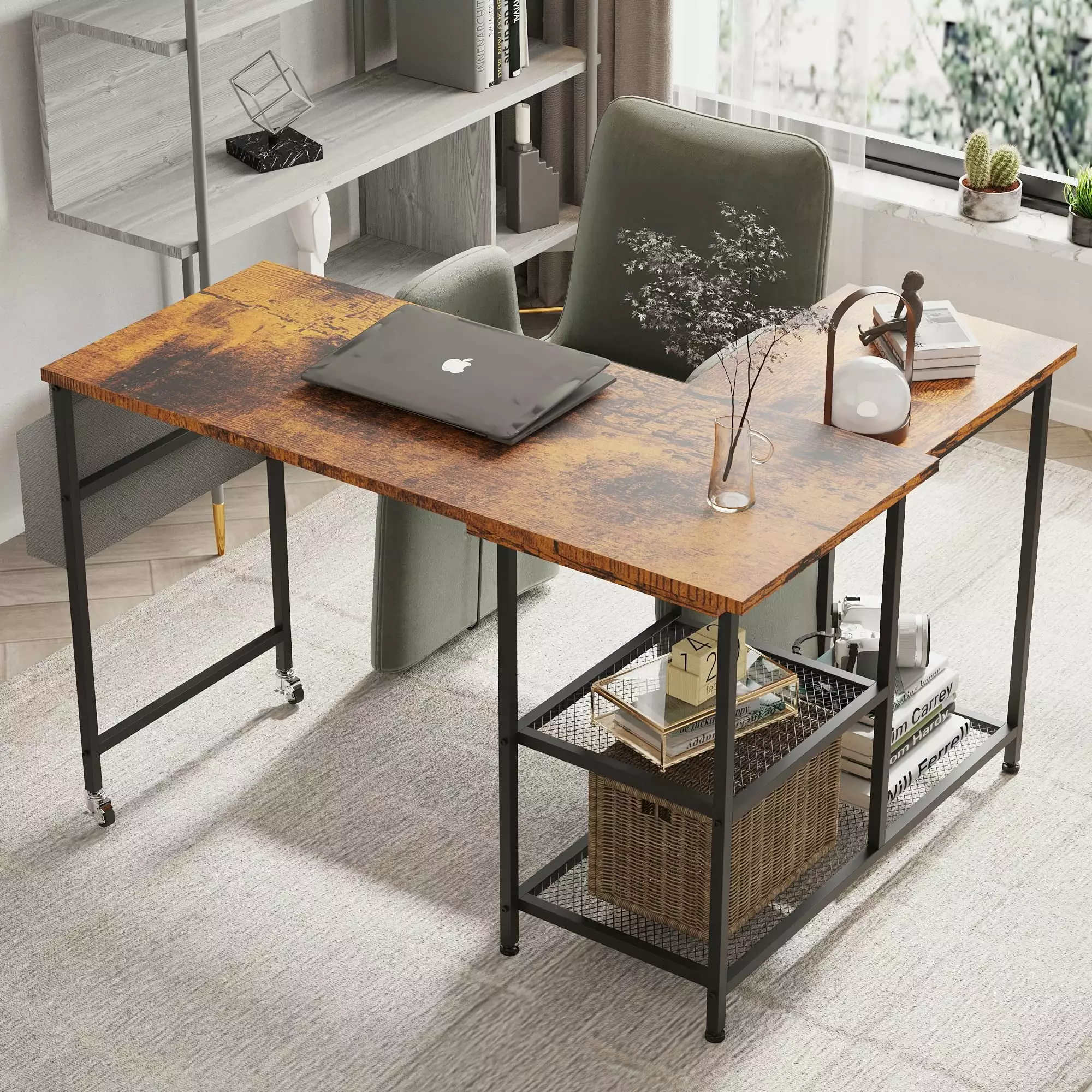 360 Rotating L-Shaped Computer Desk Home Office Brown - Space Saving Design Prime Garden