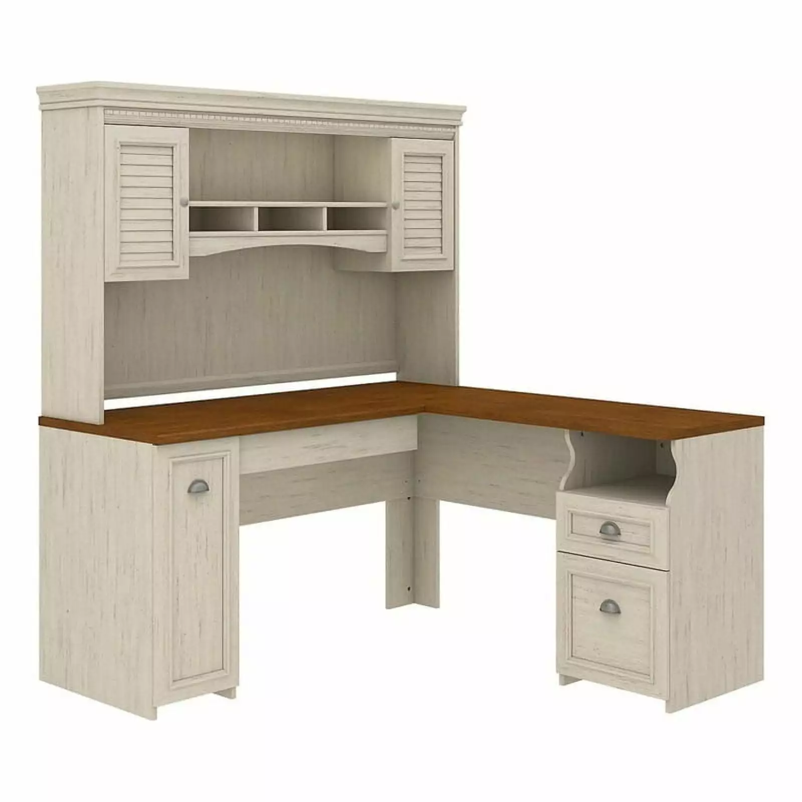Scranton & Co Farmhouse Wood L Shaped Desk Hutch Antique White - Home Office Furniture