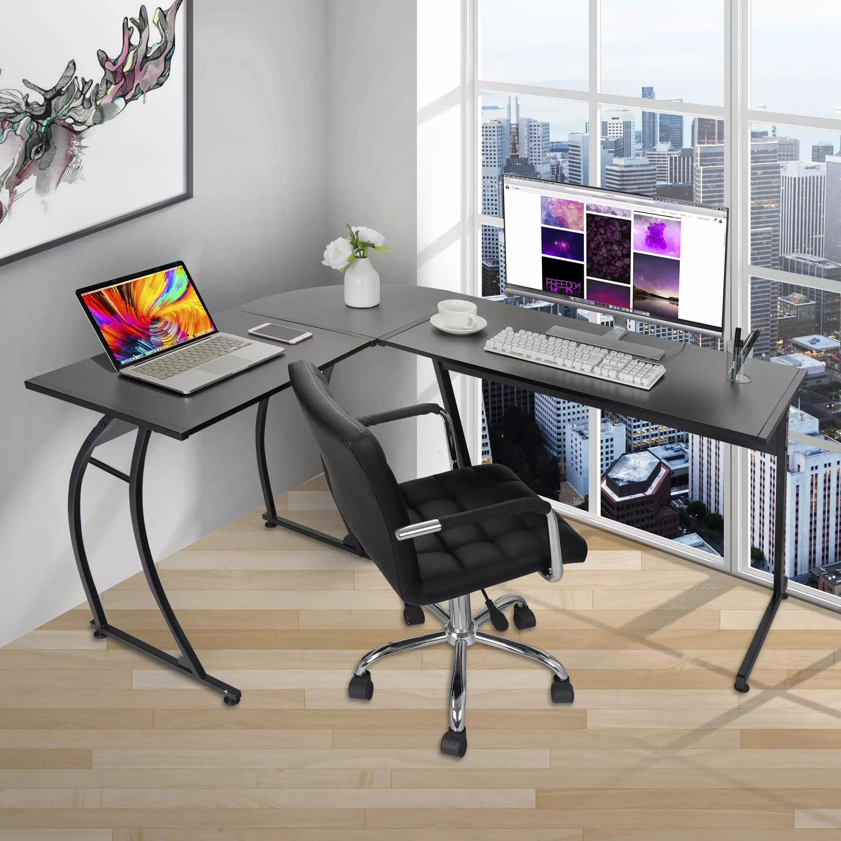 SuperDeal 58 Inch L-Shaped Computer Desk Two-Way Setup Corner Table Black Powder Coating