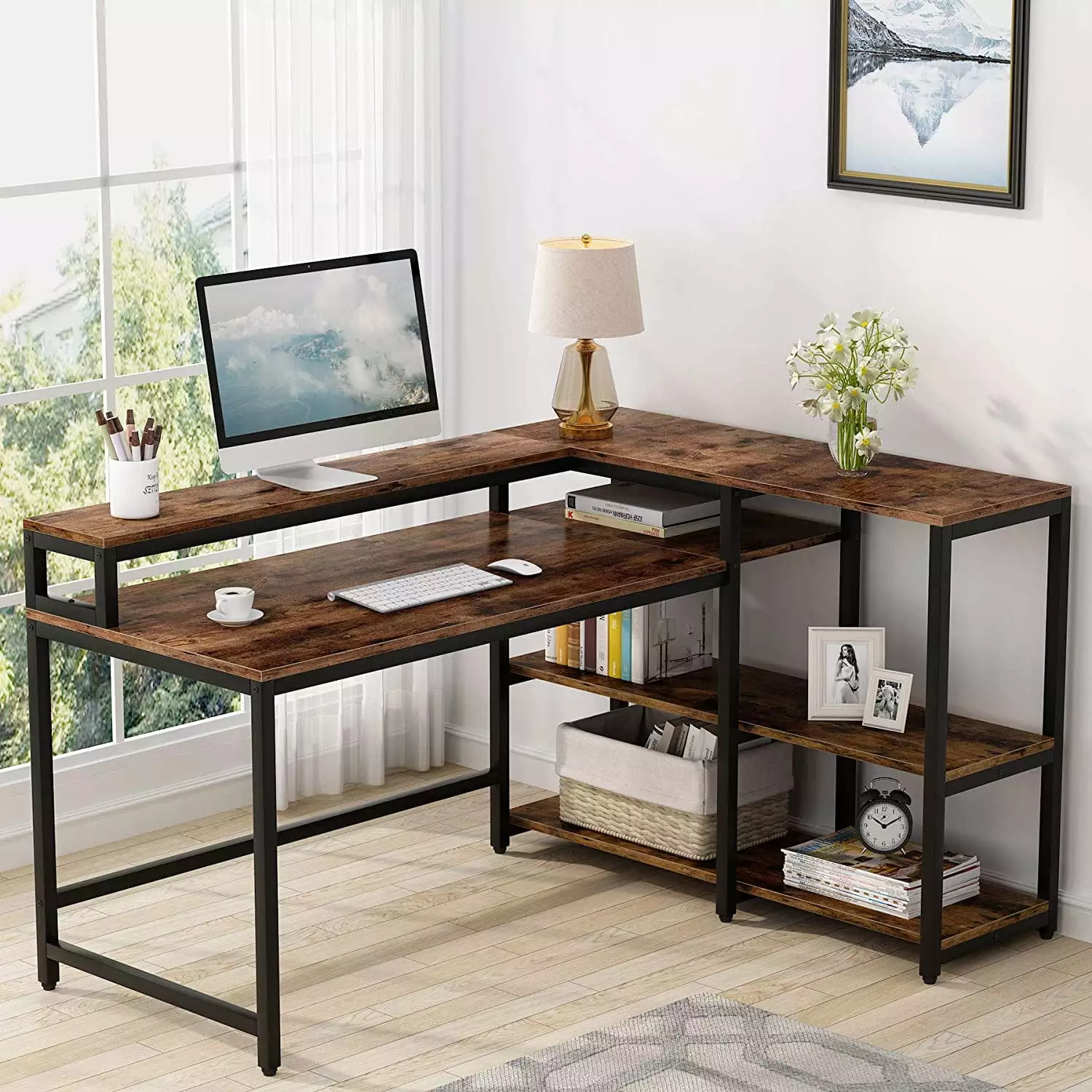 Tribesigns Reversible L Shaped Computer Desk Storage Shelf Industrial 55 Inch Corner Desk