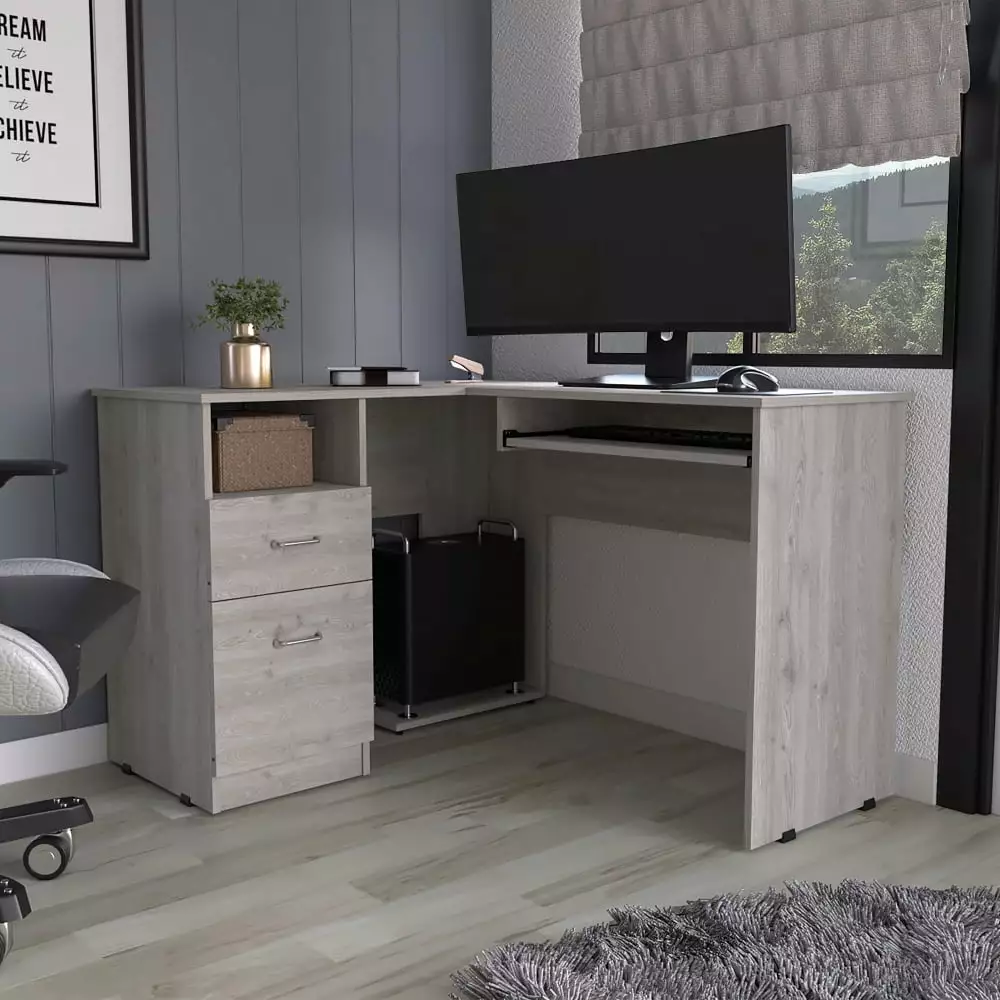Triple Tree L Shape Computer Desk Keyboard Tray Rustic Wooden Writing Desk 2 Drawers 1 Open Shelf Light Gray