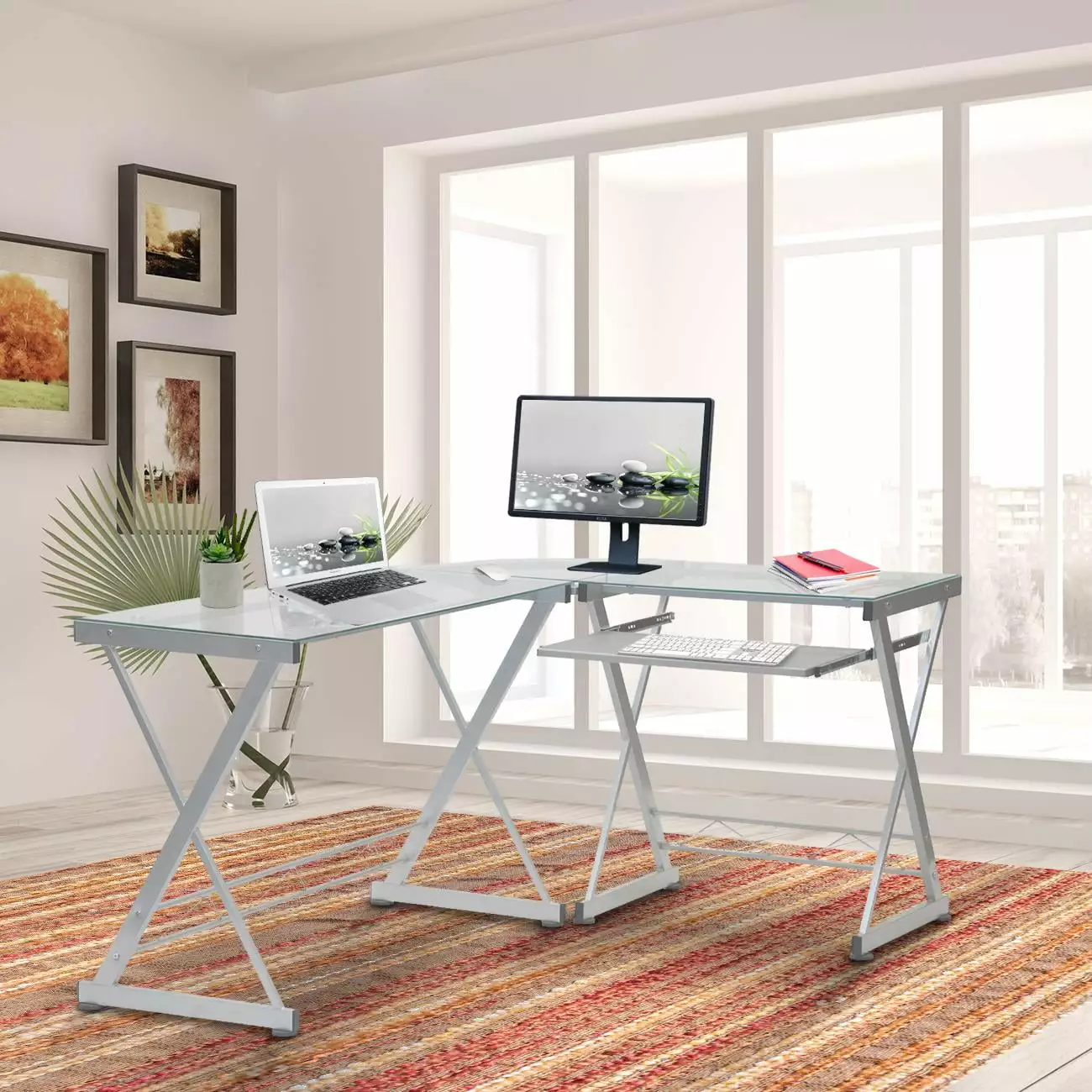 UBesGoo Modern L-Shaped Computer Desk Tempered Glass Top Office Workstation