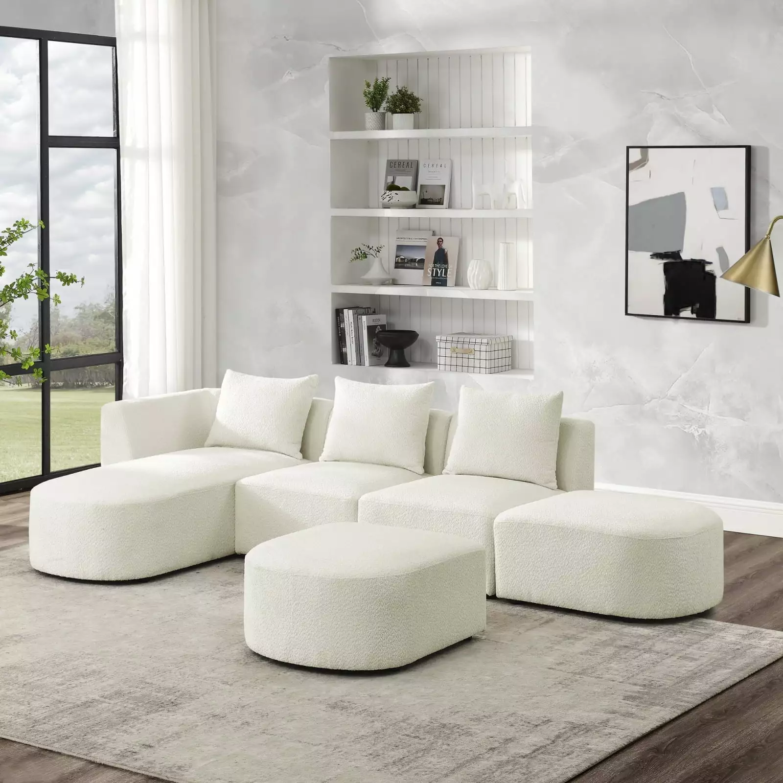 Flexible Beige L Shape Sectional Sofa Left Side Chaise and Ottoman DIY Combination Cozy Living Ponnky