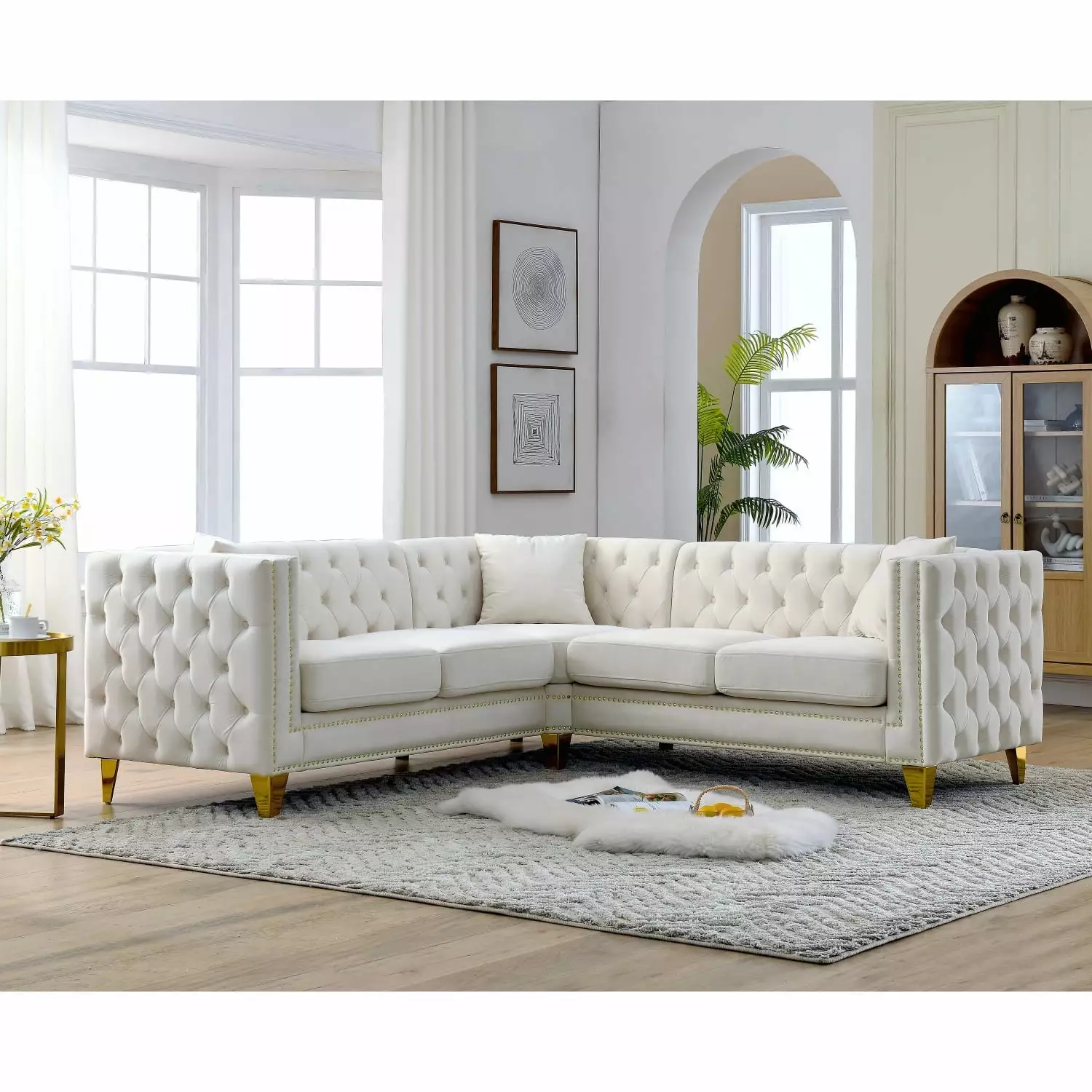 82.2-Inch Velvet L-Shaped Corner Sofa Cover 5-Seater Sectional Couch 3 Cushions - Beige Ponnky