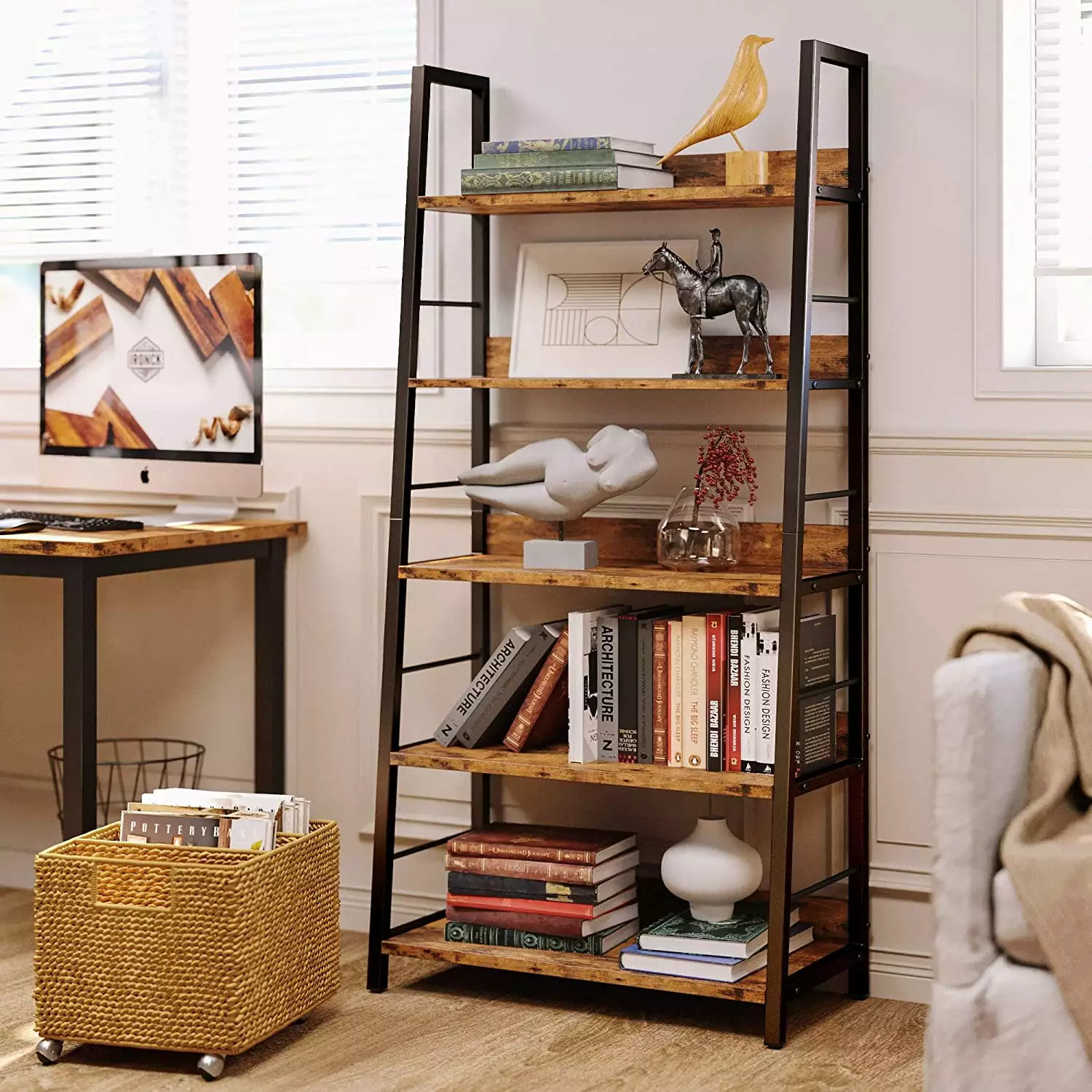 IRONCK Bookshelves and Bookcases 5 Tiers Ladder Shelf Home Office Rustic Brown
