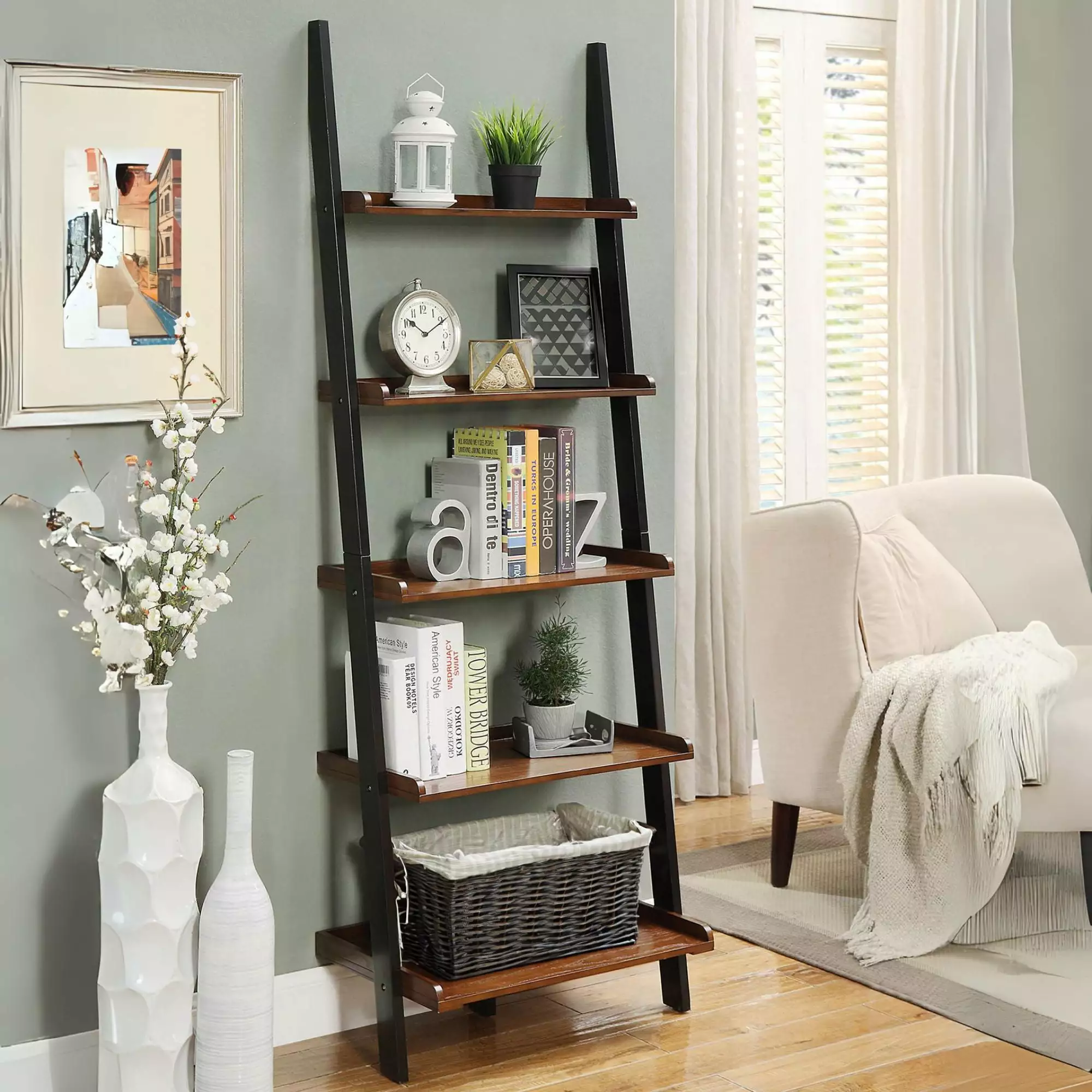 Convenience Concepts French Country Bookshelf Ladder Dark Brown Walnut Wood