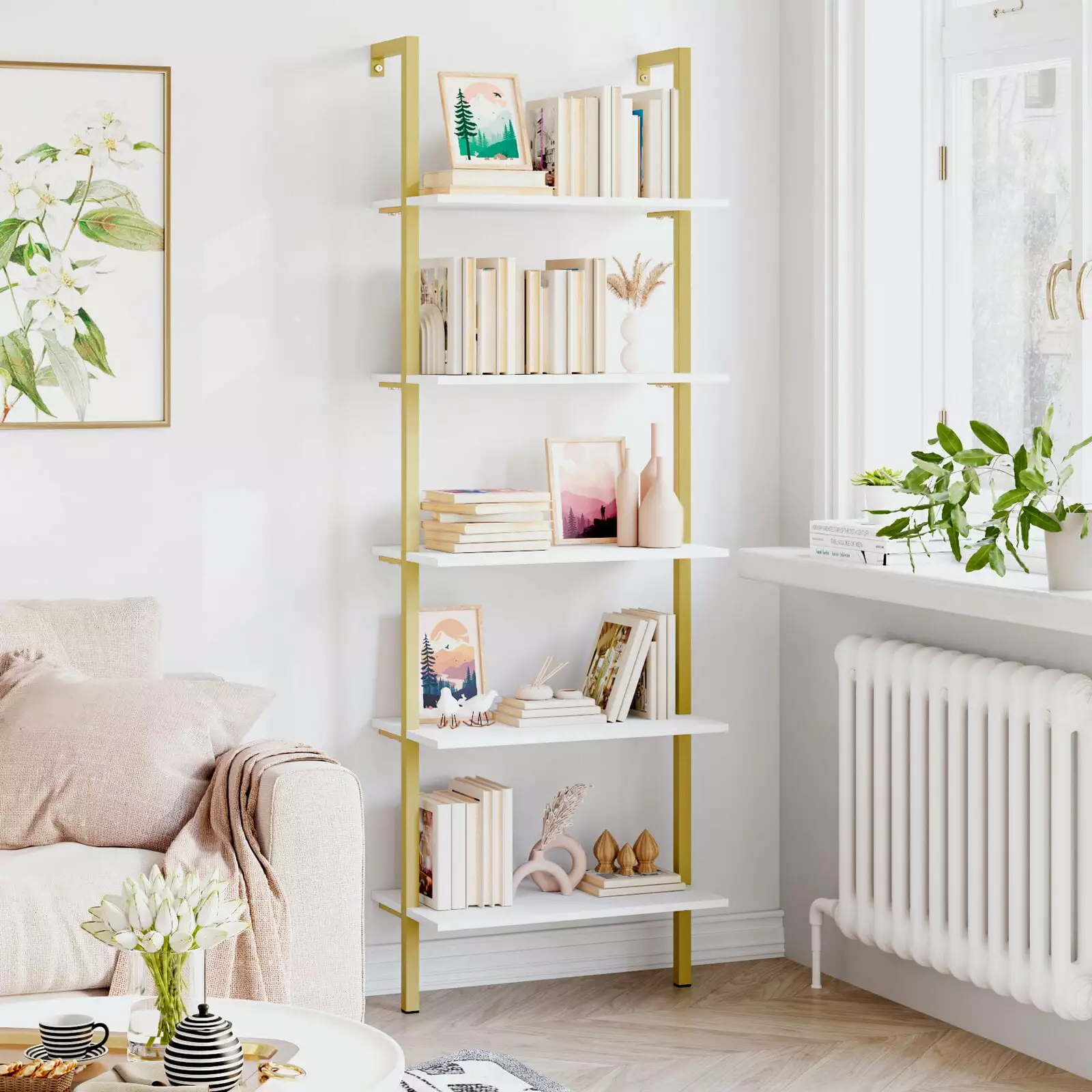 Homfa Wall Mounted Iron Bookcase - 5 Tiers Ladder Shelves Gold Frame - White Finish