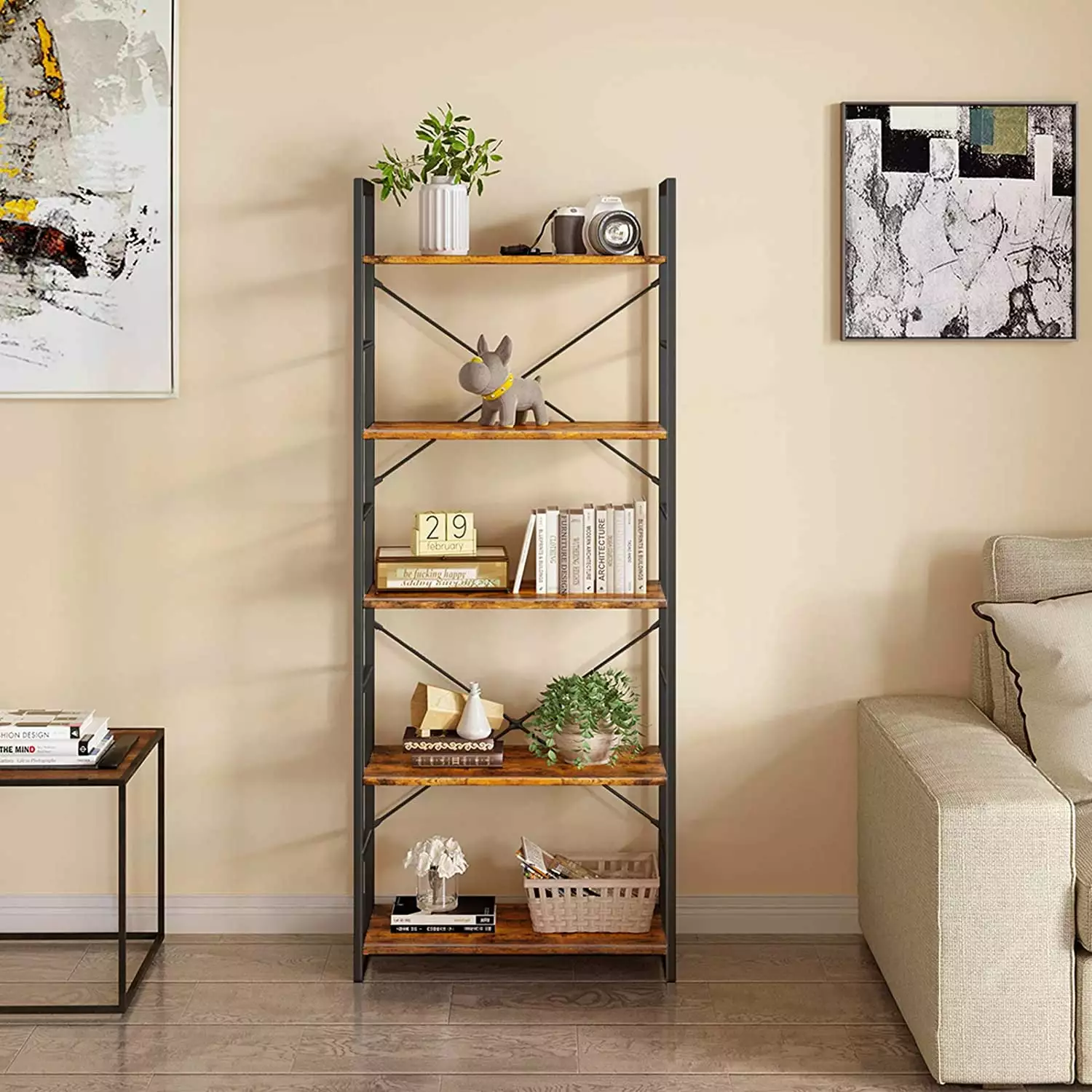 5 Tier Ladder Bookshelf Industrial Open Bookcase Bedroom Living Room Rustic Brown KKL