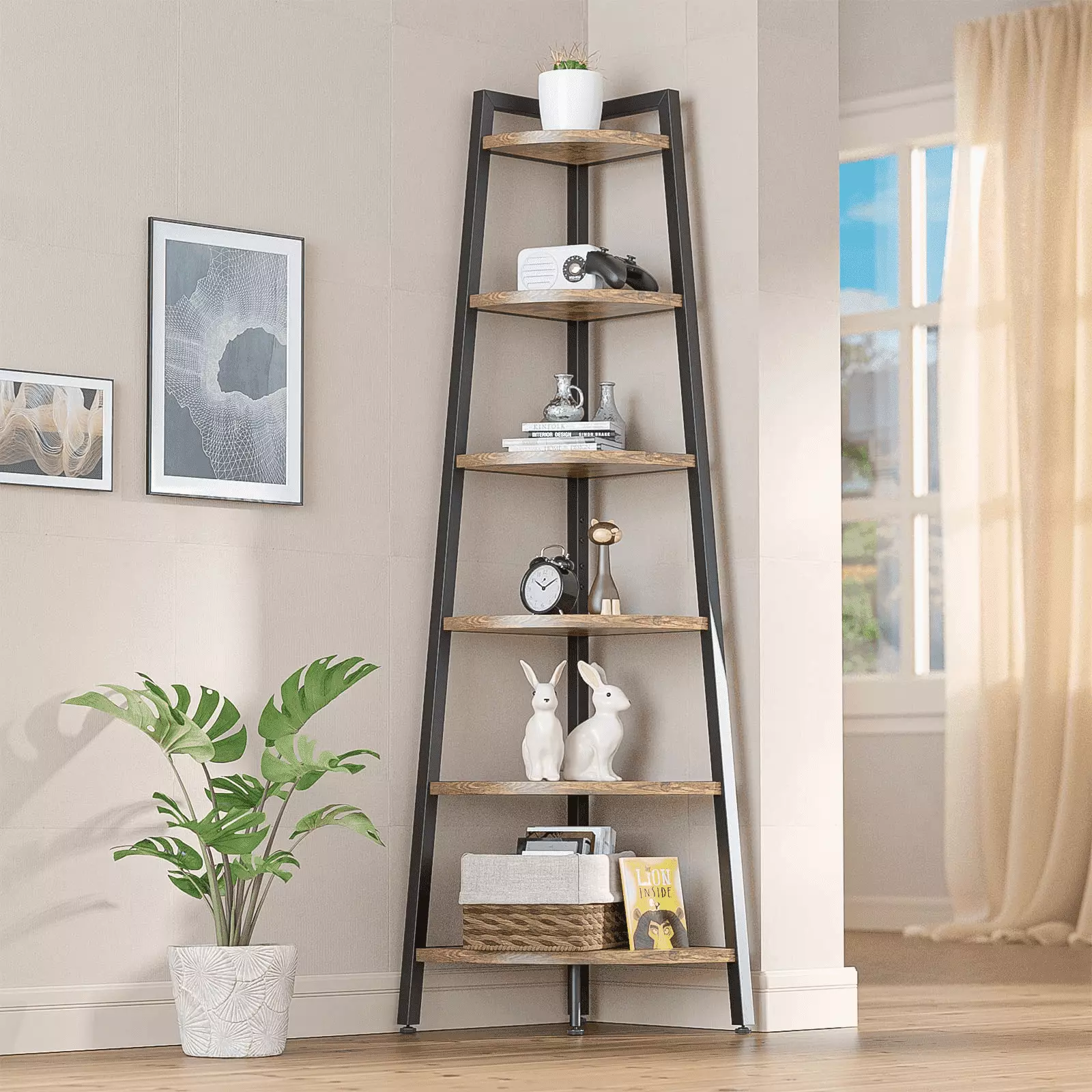 Lulive 6 Tier Industrial Tall Corner Ladder Shelf Living Room Home Office Brown