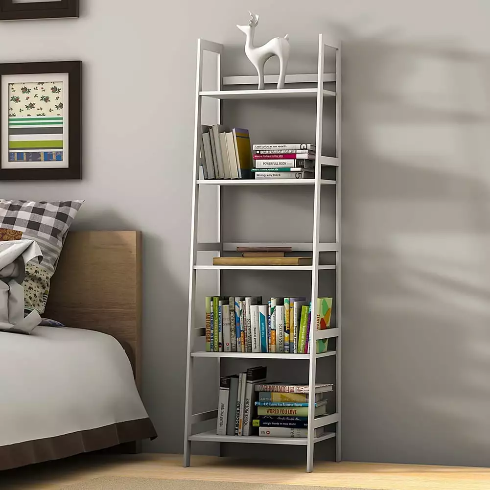 Private Jungle 5-Tier Bookshelf Modern Ladder Shelf Book Storage Living Room Home Office White