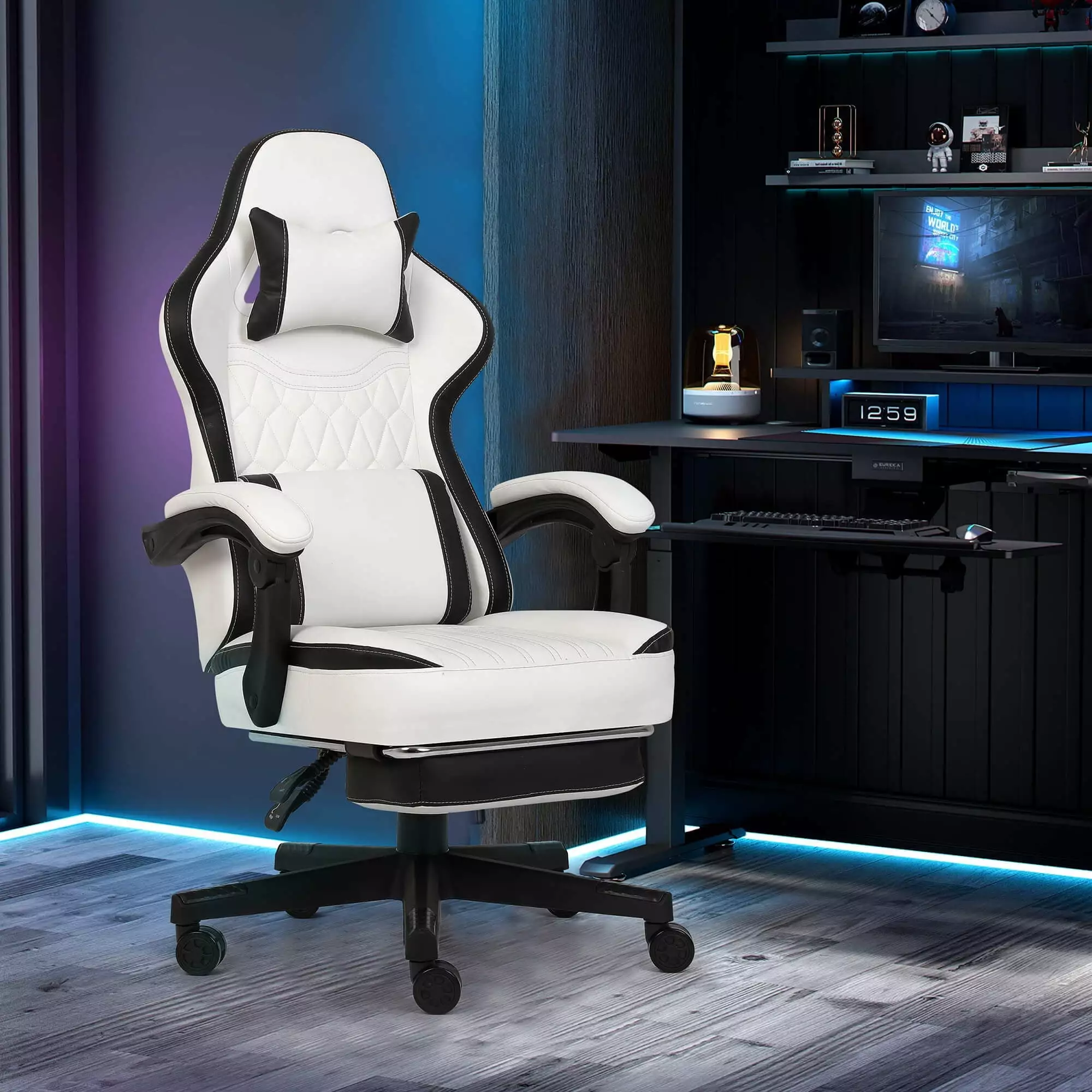 FAMOYI Gaming Chairs Footrest Leather Adjustable Swivel Reclining Headrest and Lumbar Support