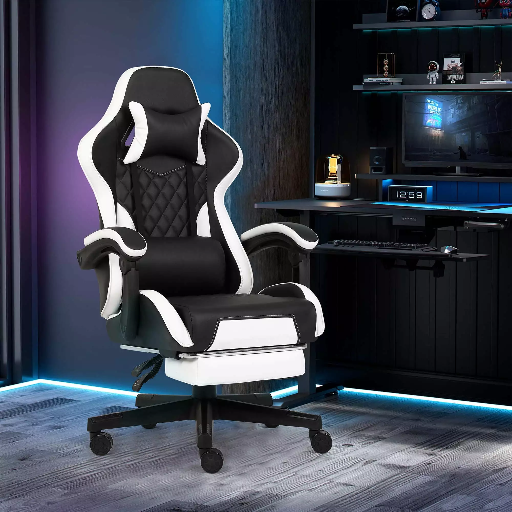 FAMOYI Gaming Chairs Footrest Leather Adjustable Swivel Reclining Headrest and Lumbar Support