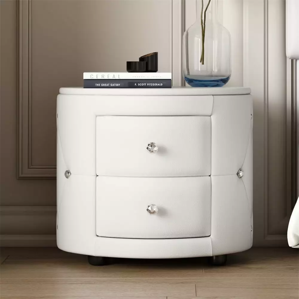 PU Leather Nightstand 2 Drawers Crystal Handle Modern Bedside Table Bedroom HeroicLion