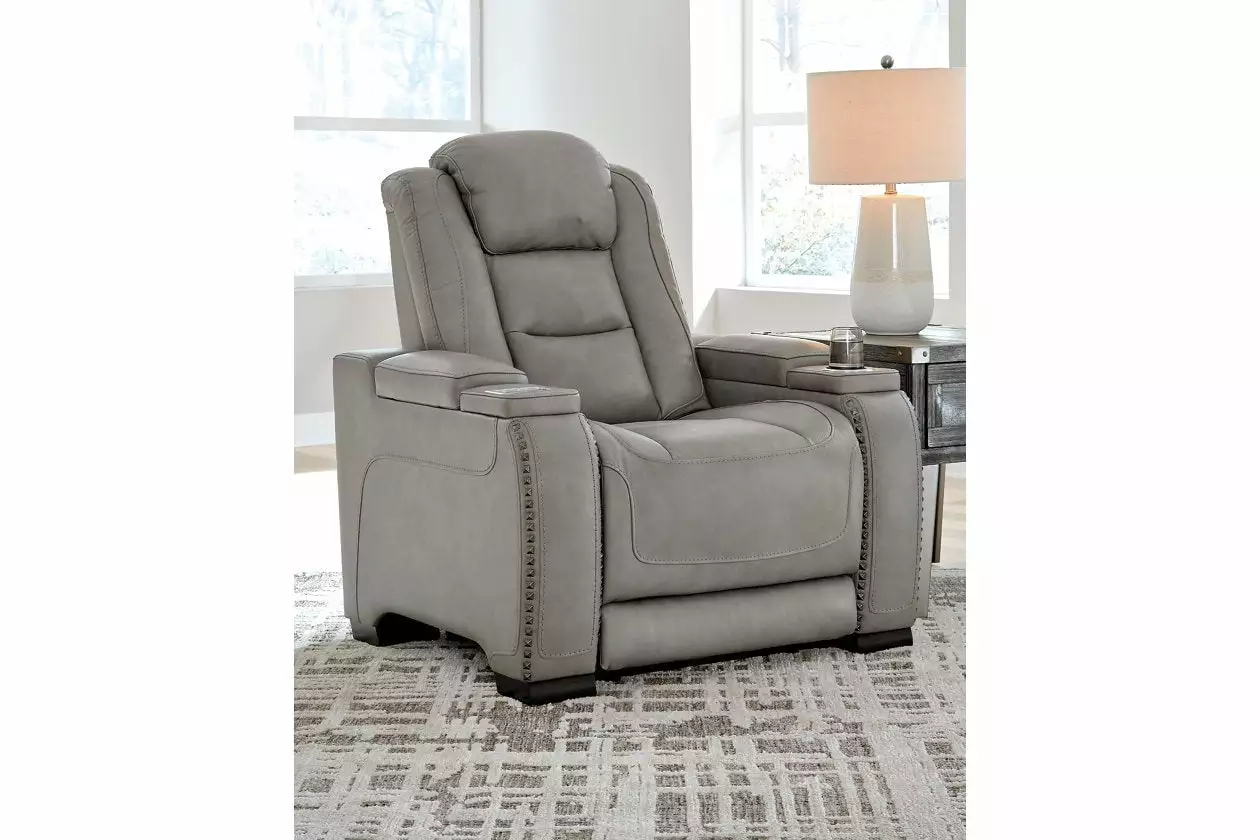 Signature Design Ashley Man-Den Leather Power Recliner Gray Comfortable Living Room Furniture Ashley Furniture