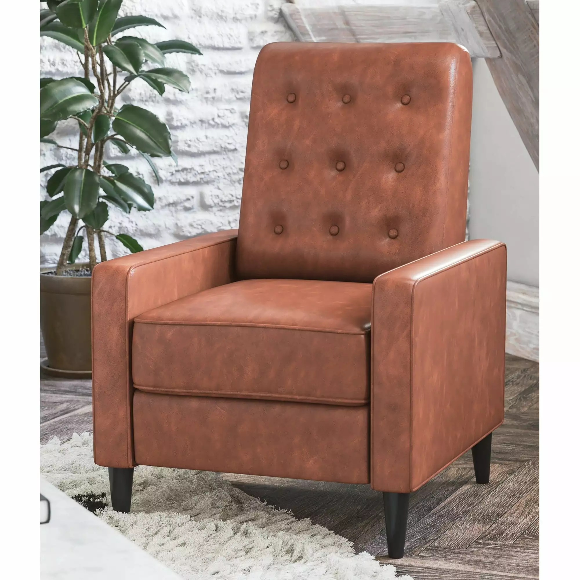 BSD National Supplies Corde Modern Cognac Leather Button Tufted Pushback Recliner Chair