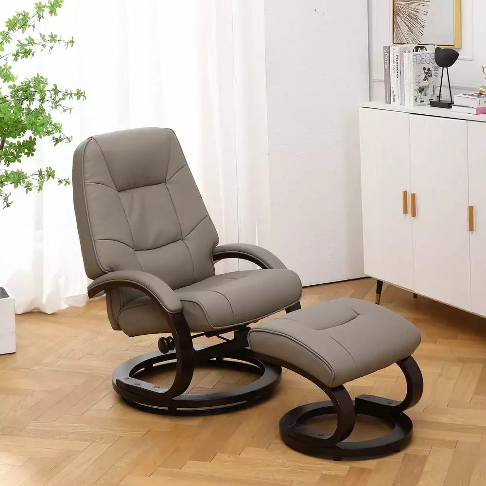 Progressive Furniture Sundsvall Recliner and Ottoman Putty Gray Air Leather Modern Living Room