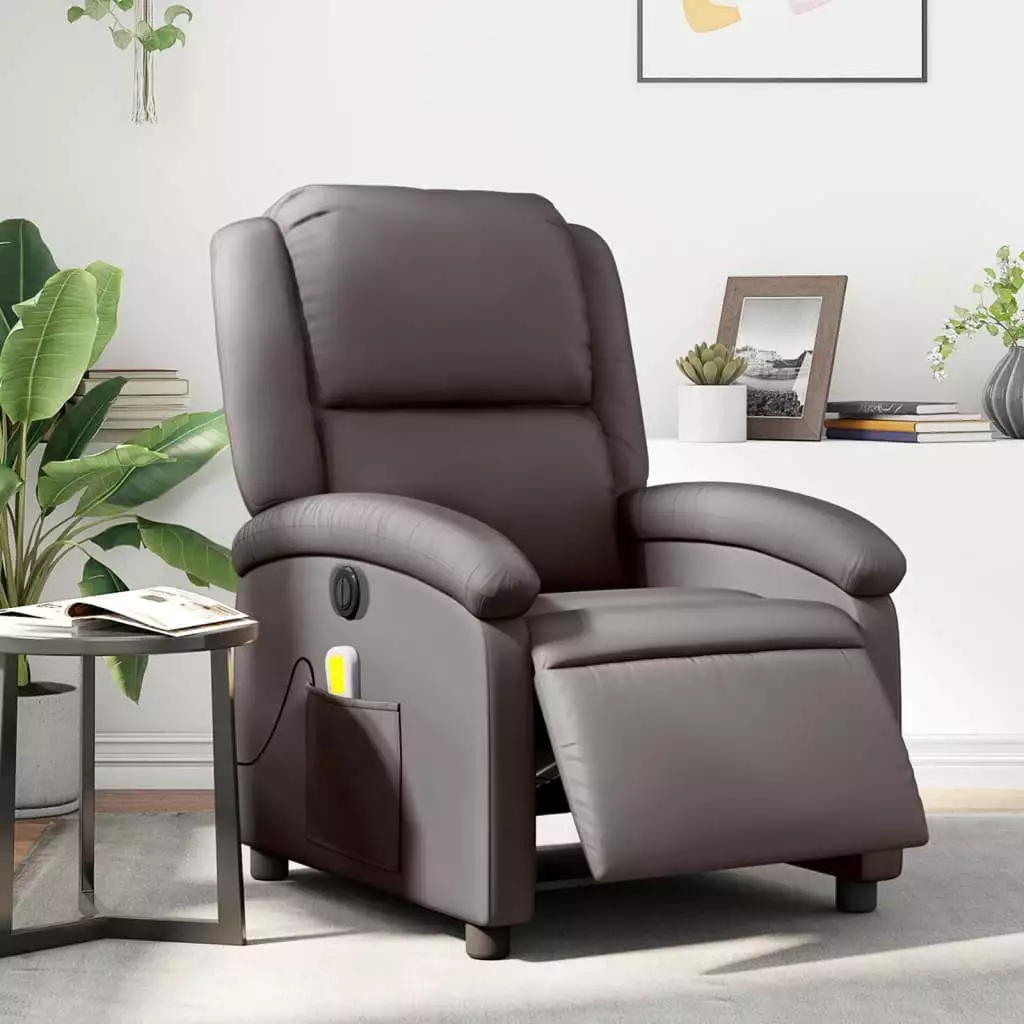 vidaXL Electric Massage Recliner Chair Dark Brown Real Leather Living Room