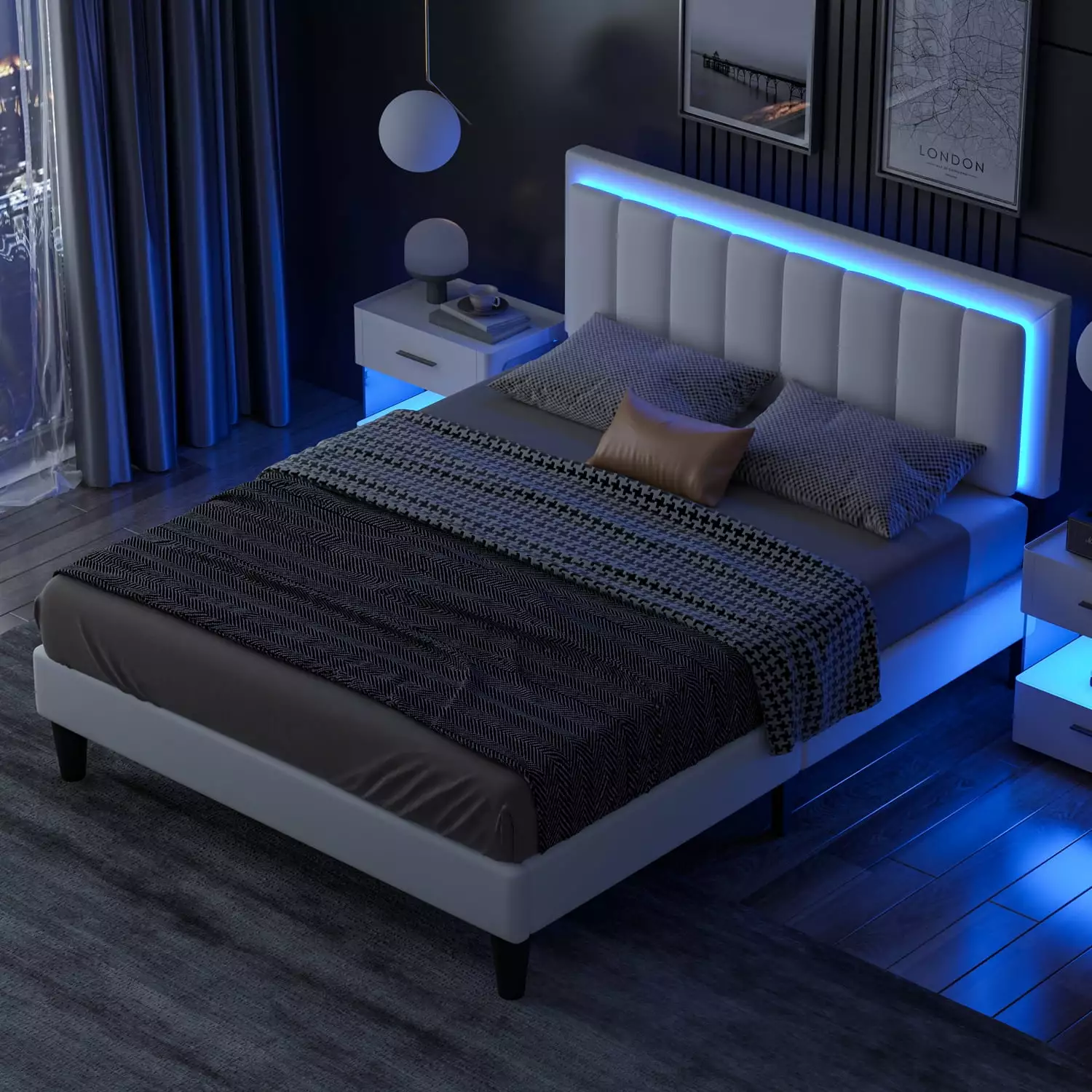 4 EVER WINNER LED Queen Size Bed Frame White Queen Bed Frame Led Light Headboard PU Leather Upholstered Black