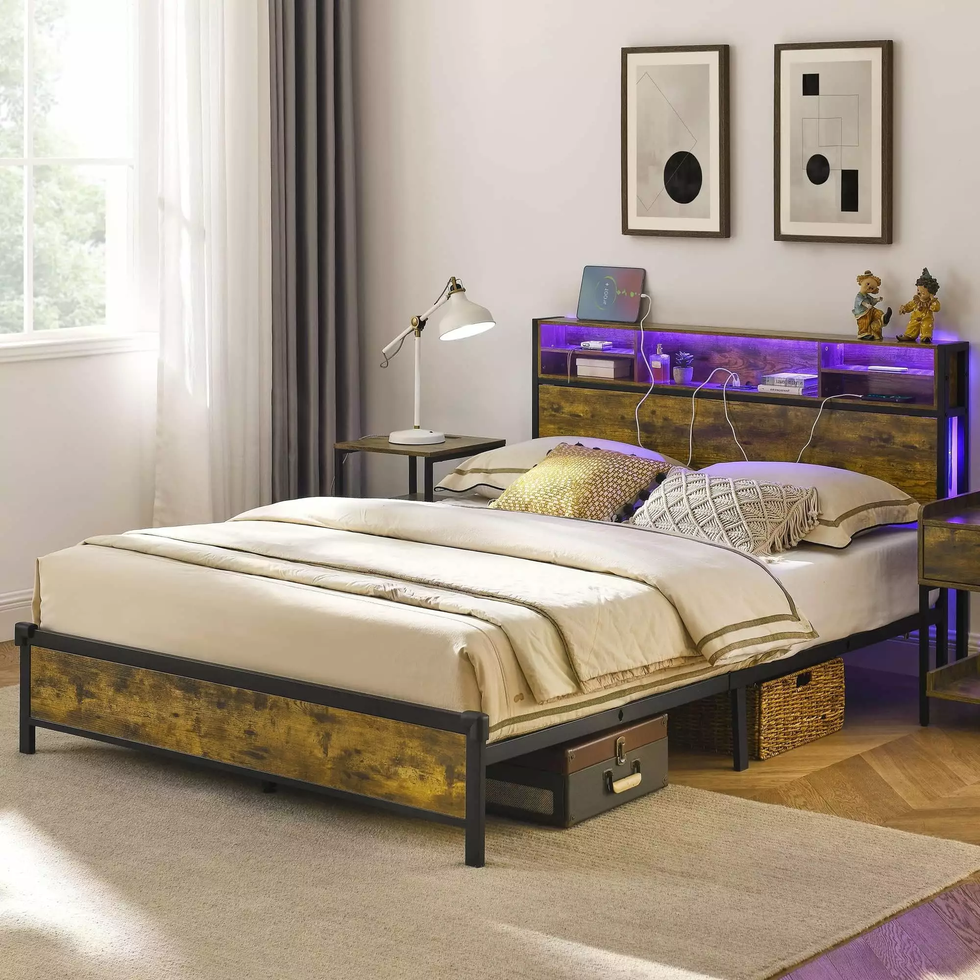 Alohappy LED Queen Bed Frame Bookcase Headboard Metal Platform Bed Charging Station RGB LED Lights