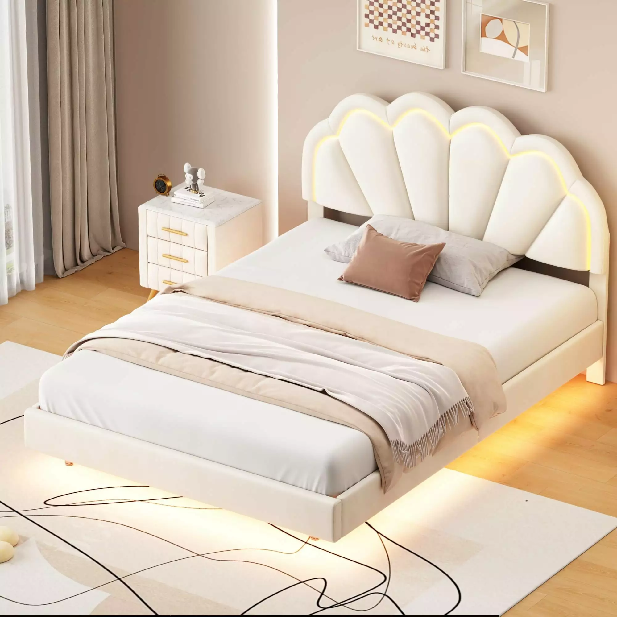 Bellemave Full Size LED Floating Bed Frame Beige Upholstered Platform Bed Flowers Headboard Modern Velvet Cloud Beds Light...