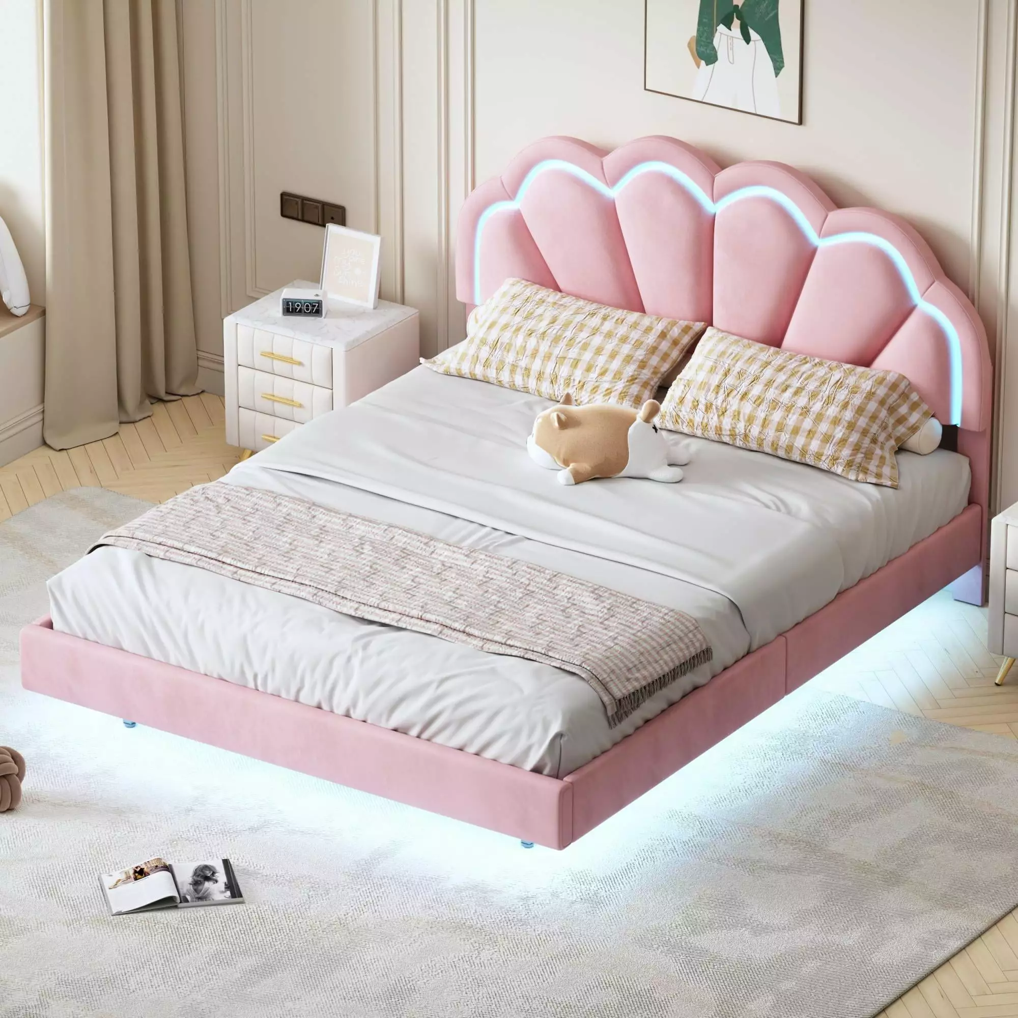 Bellemave Queen Size LED Floating Bed Frame Pink Upholstered Platform Bed Flowers Headboard