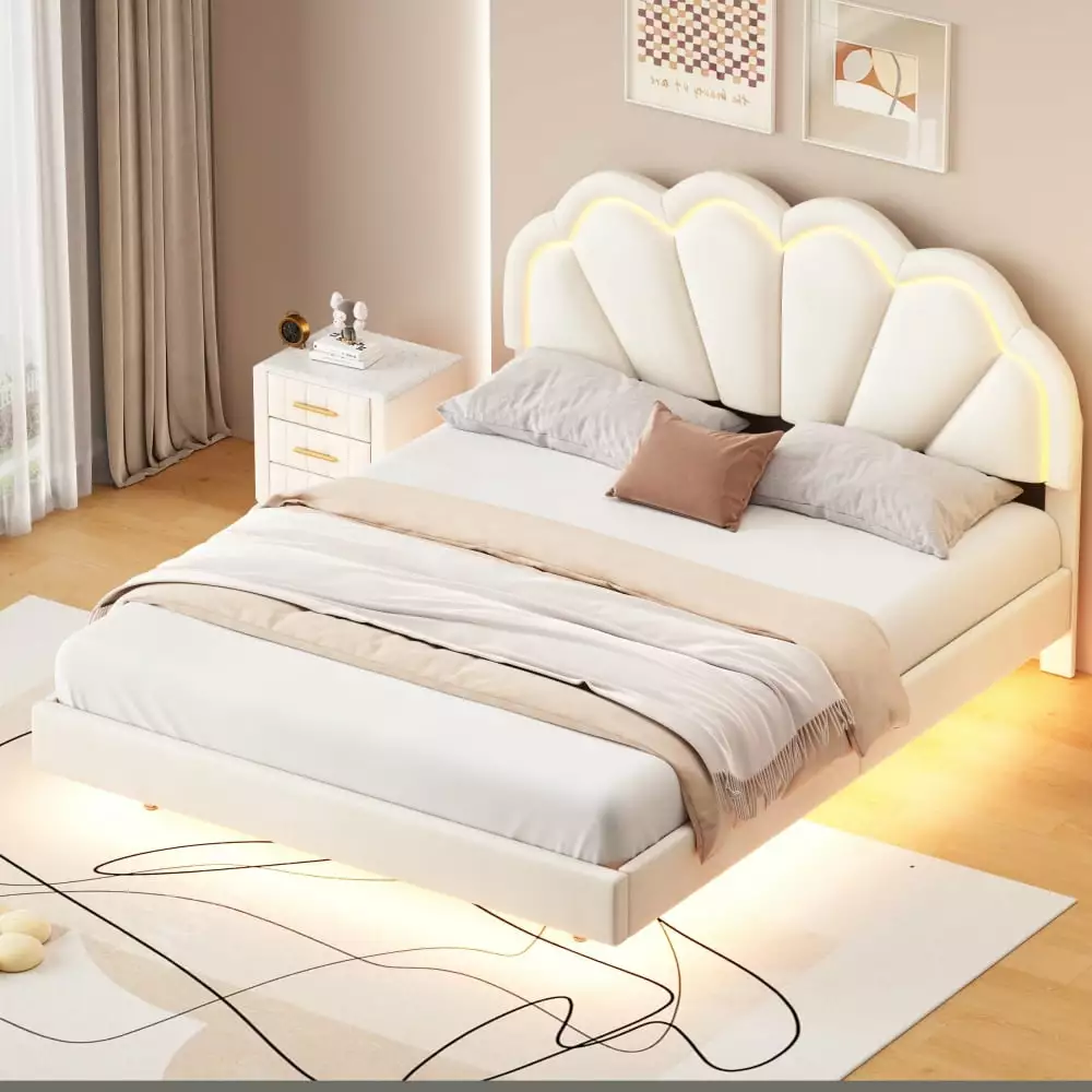 LED Bed Frame Queen Size Velvet Upholstered Platform Bed Adjustable Headboard Clipeyh