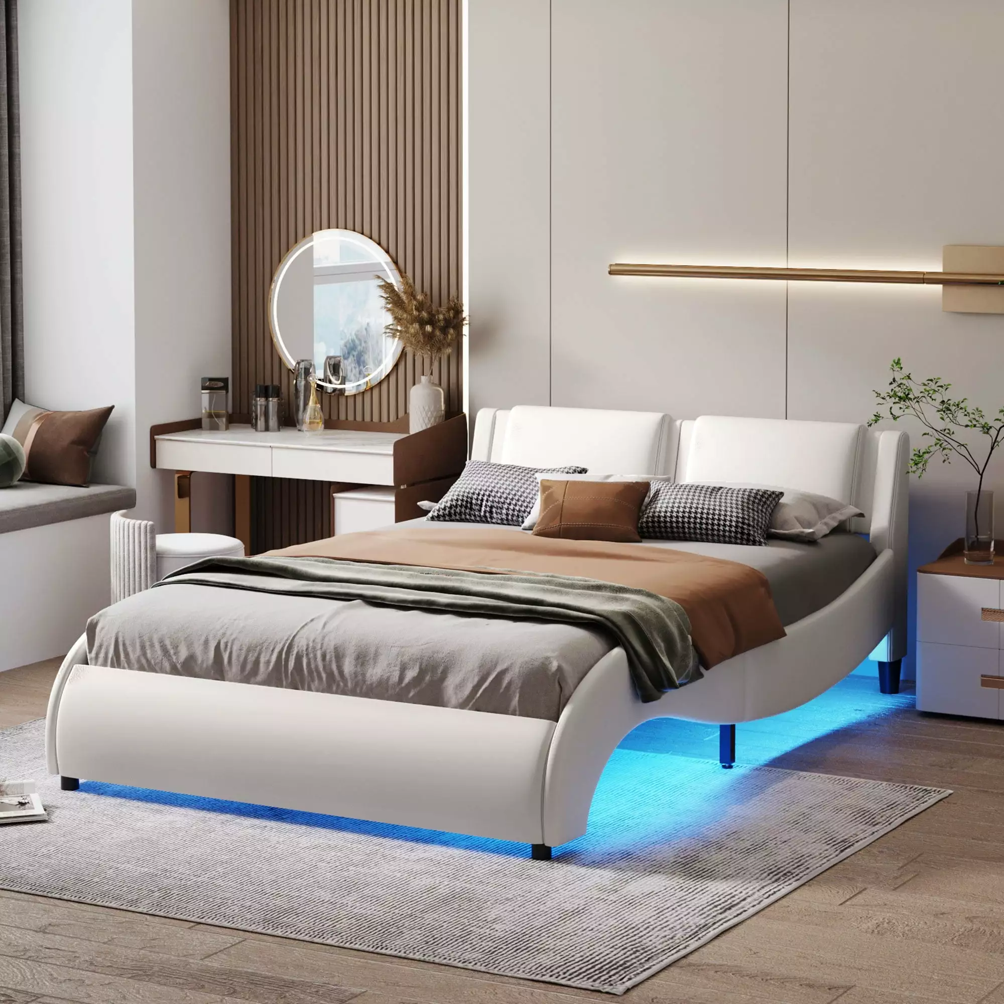 Modern Curved Faux Leather Upholstered Platform Bed Frame LED Light Wave Like LED Low Profile Bed Frame 16 Colors LED Ligh...