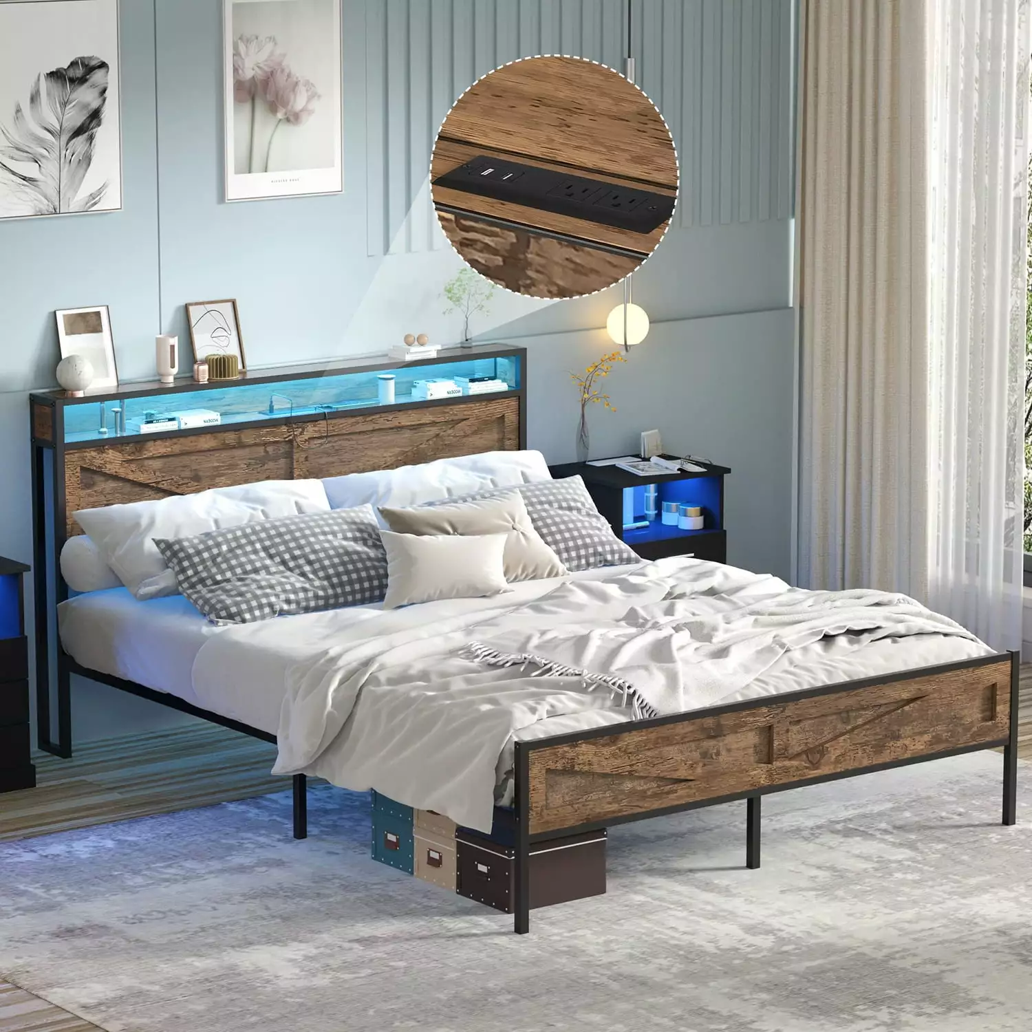 Veanerwood Full Platform Bed Frame Headboard, LED Lights, and Power Strip, Brown