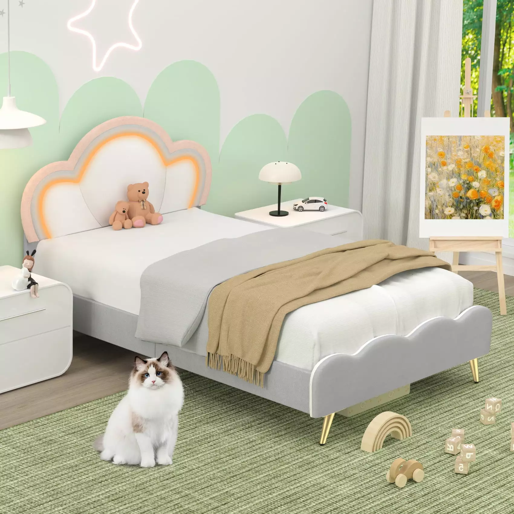 Winkalon LED Bed Frame Twin Size Bed Kids Girls Velvet Upholstered Platform Bed Adjustable Headboard White