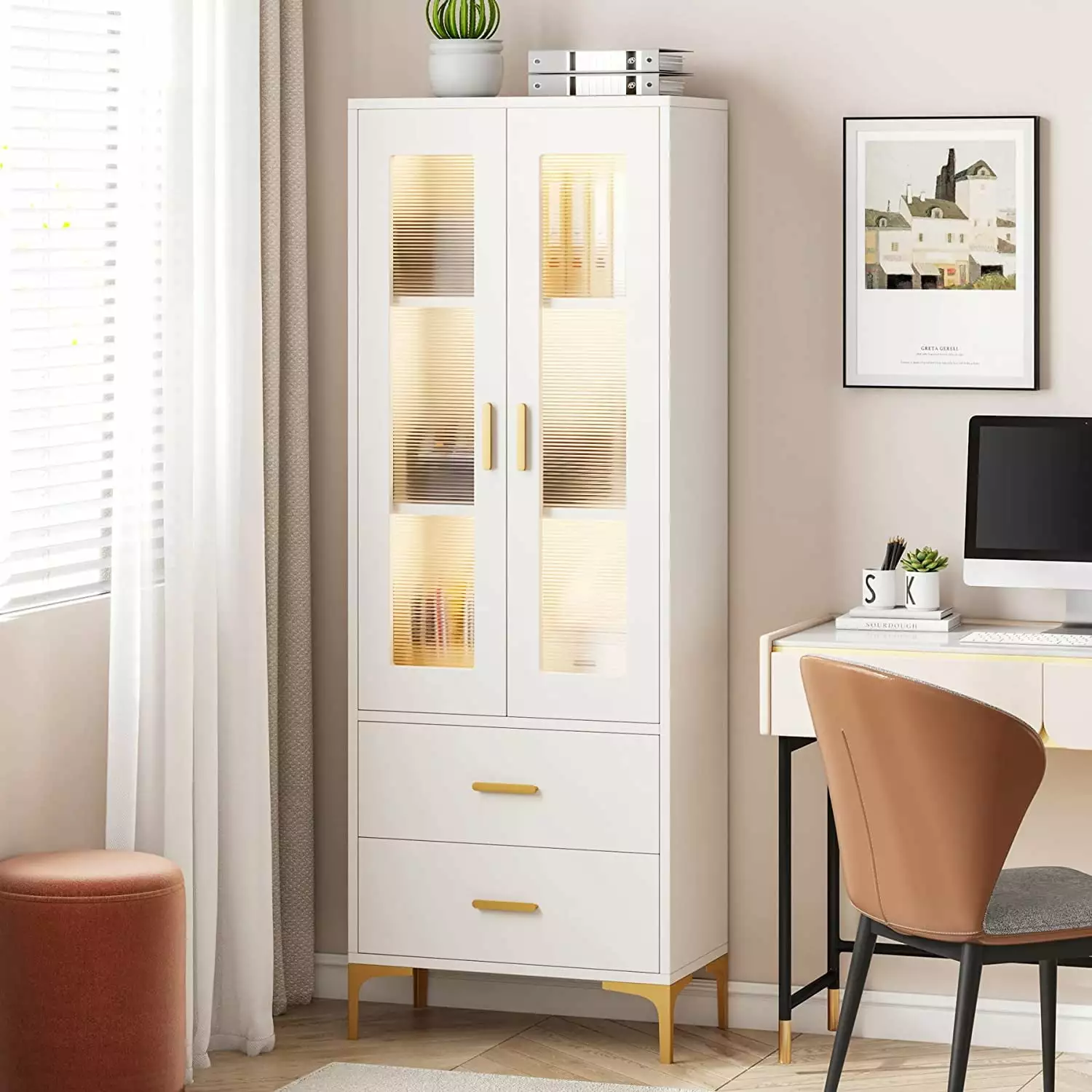 Tribesigns Bookcase LED Lighting Door Drawers White Multi-functional Living Room Office Kitchen Bathroom