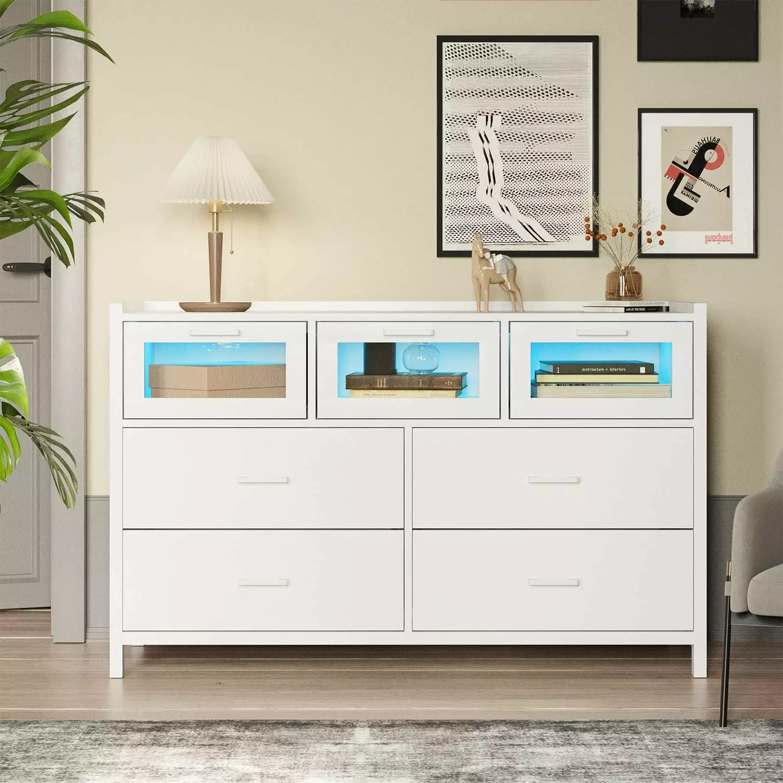 White LED Dresser Bedroom 7 Drawer Dressers LED Lights Wooden Dressers Chests Drawers Livingroom Kids Room AOGLLATI