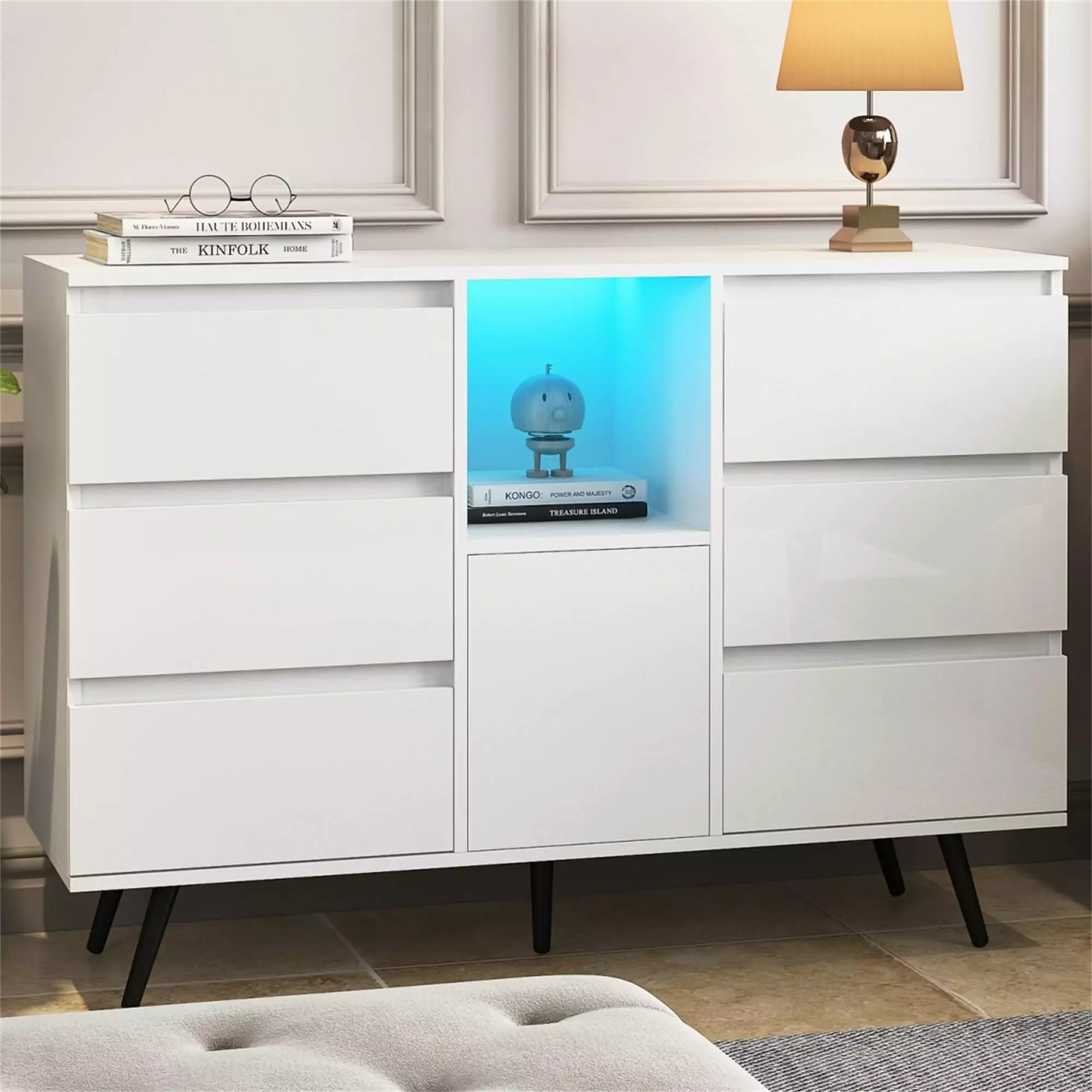 Hommoo White 6 Drawer Dresser LED Lights Display - Modern Bedroom Storage Cabinet
