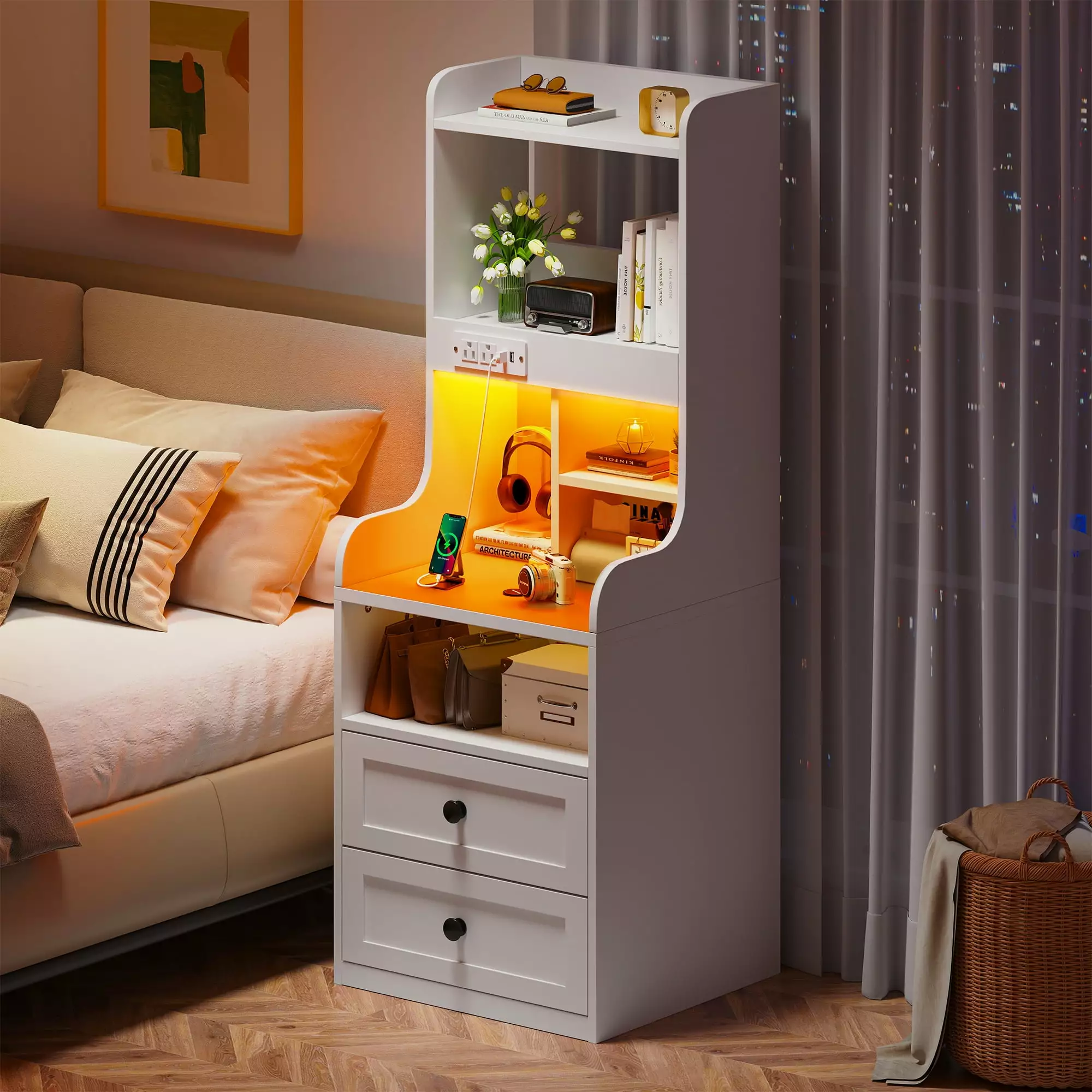 EnHomee Tall Nightstand Charging Station LED Light Drawers Bookshelf Bedside Table White