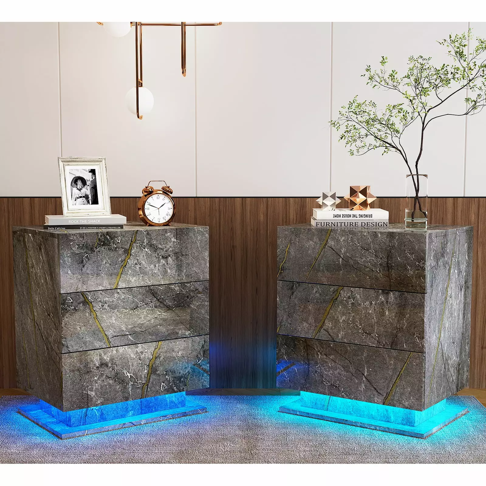 Hironpal LED Nightstand Set 2 Modern Bedside Table 3 Drawers and RGB LED Light High Gloss End Table