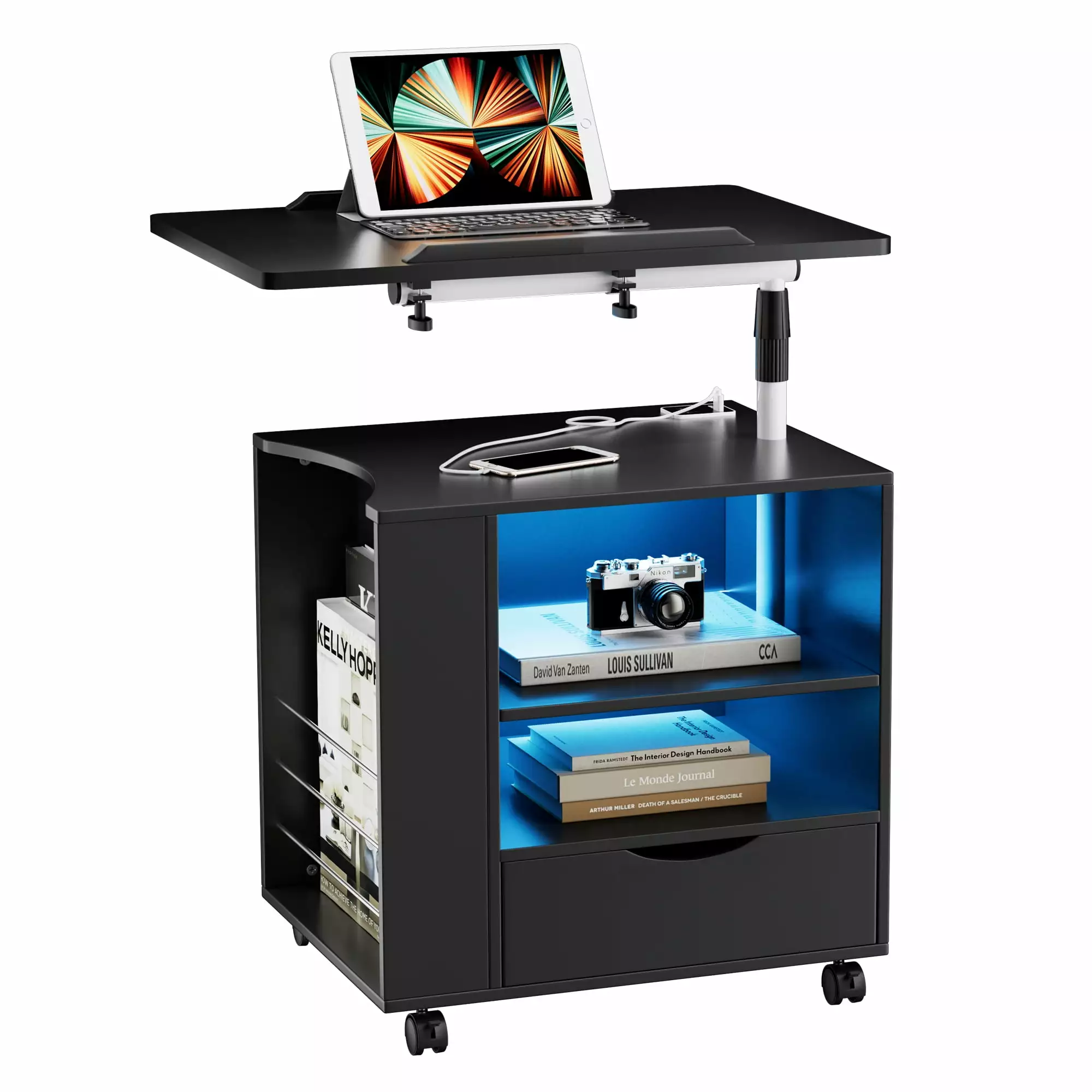 Homall Auto LED Nightstand 2 USB Charging Ports Adjustable Rotary Table Bedside Table Drawer and Shelf 3 Color LED Lighting