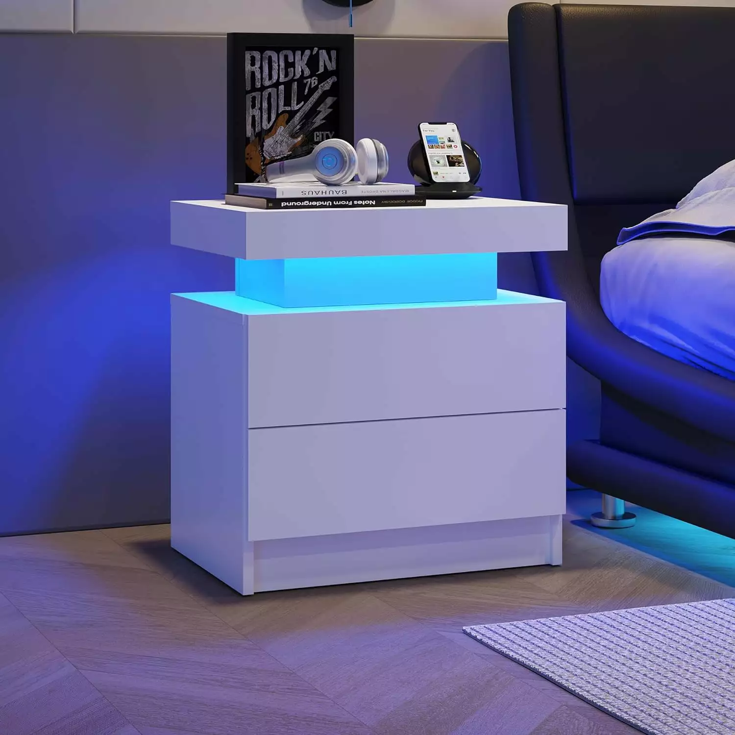Nightstand LED Bedside Table Cabinet 2 Drawers Modern End Side Table NOBRAND