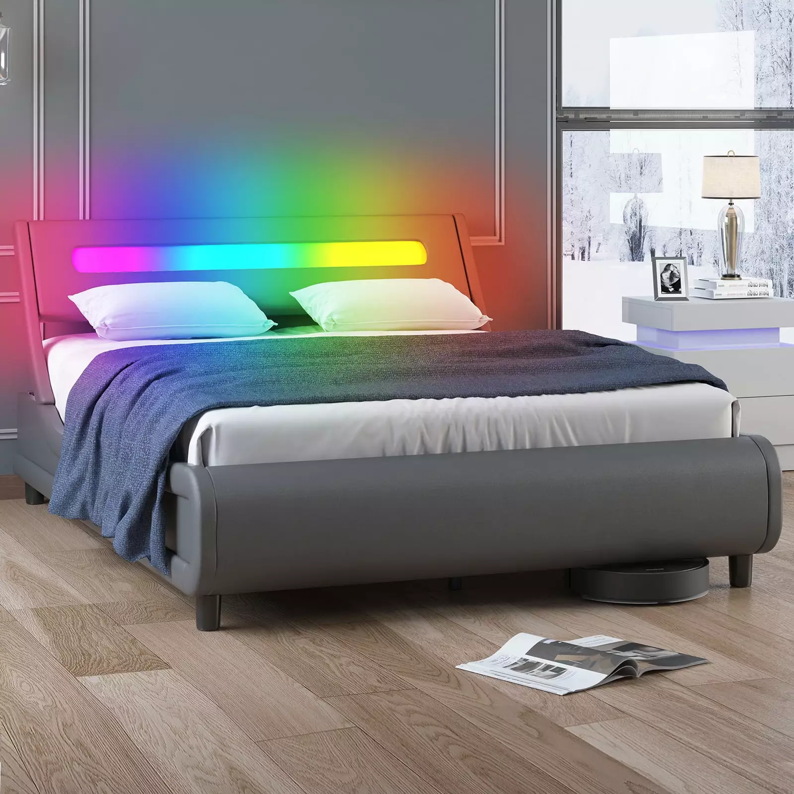 ijuicy King Size Bed Frame RGB LED Headboard LED Bed Frame Music Sync Synergistic Upholstered Platform Bed Frame Adjustabl...