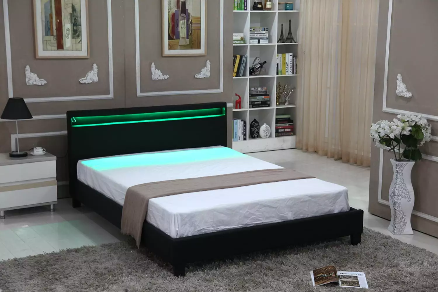 Full Size Platform Bed Upholstered Bed Frame Bedroom LED Light Headboard Color Changing LED Light Slats Bed Black Wonline
