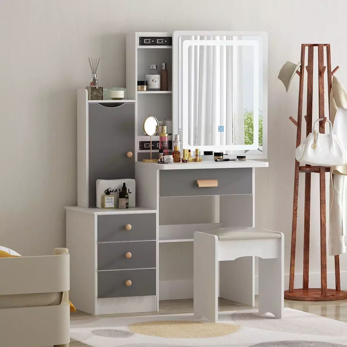 Modern Gray Vanity Set Mirror and Lights Makeup Dressing Table 5 Drawers WIAWG