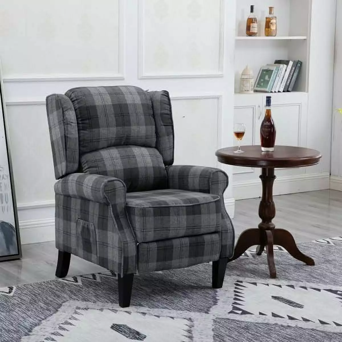Modern Grey Check Upholstered Leisure Recliner Chair Multifunctional Single Sofa Footrest FENG20