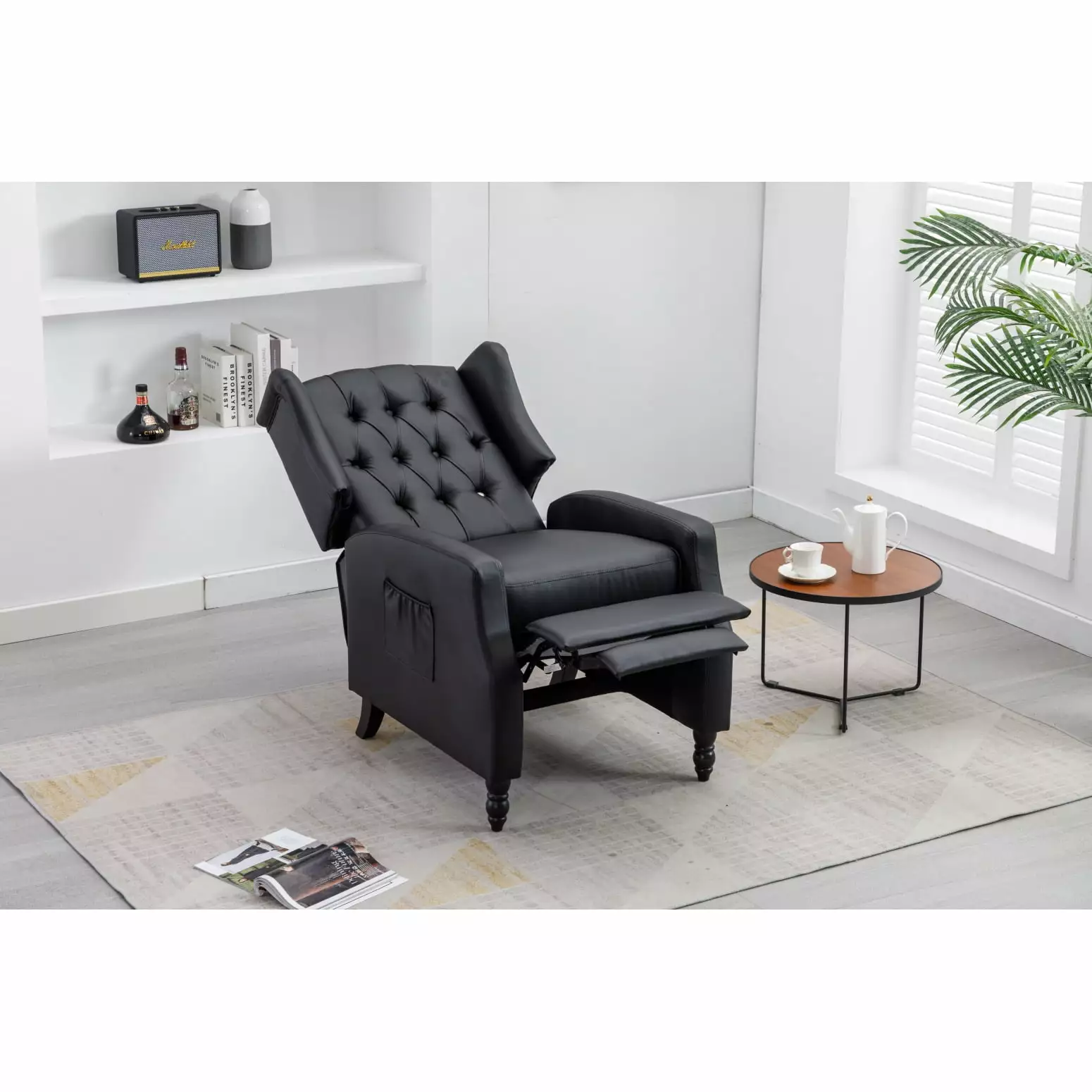 Elegant Black PU Leather Recliner Chair Foam Padding and Sturdy Rubberwood Frame HATNOKIL