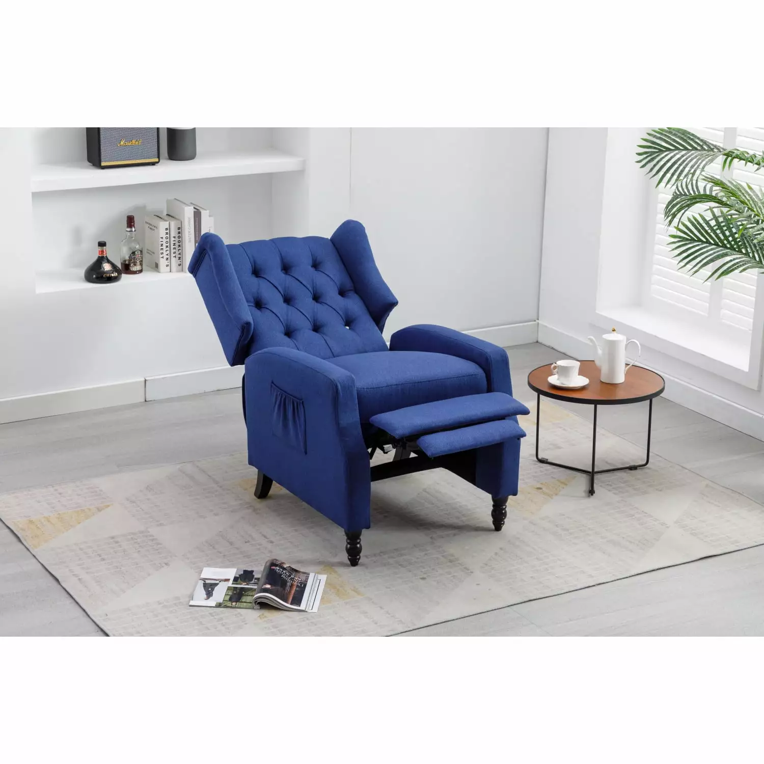 Navy Linen Modern Upholstered Recliner Chair Comfortable Foam Filling Ponnky