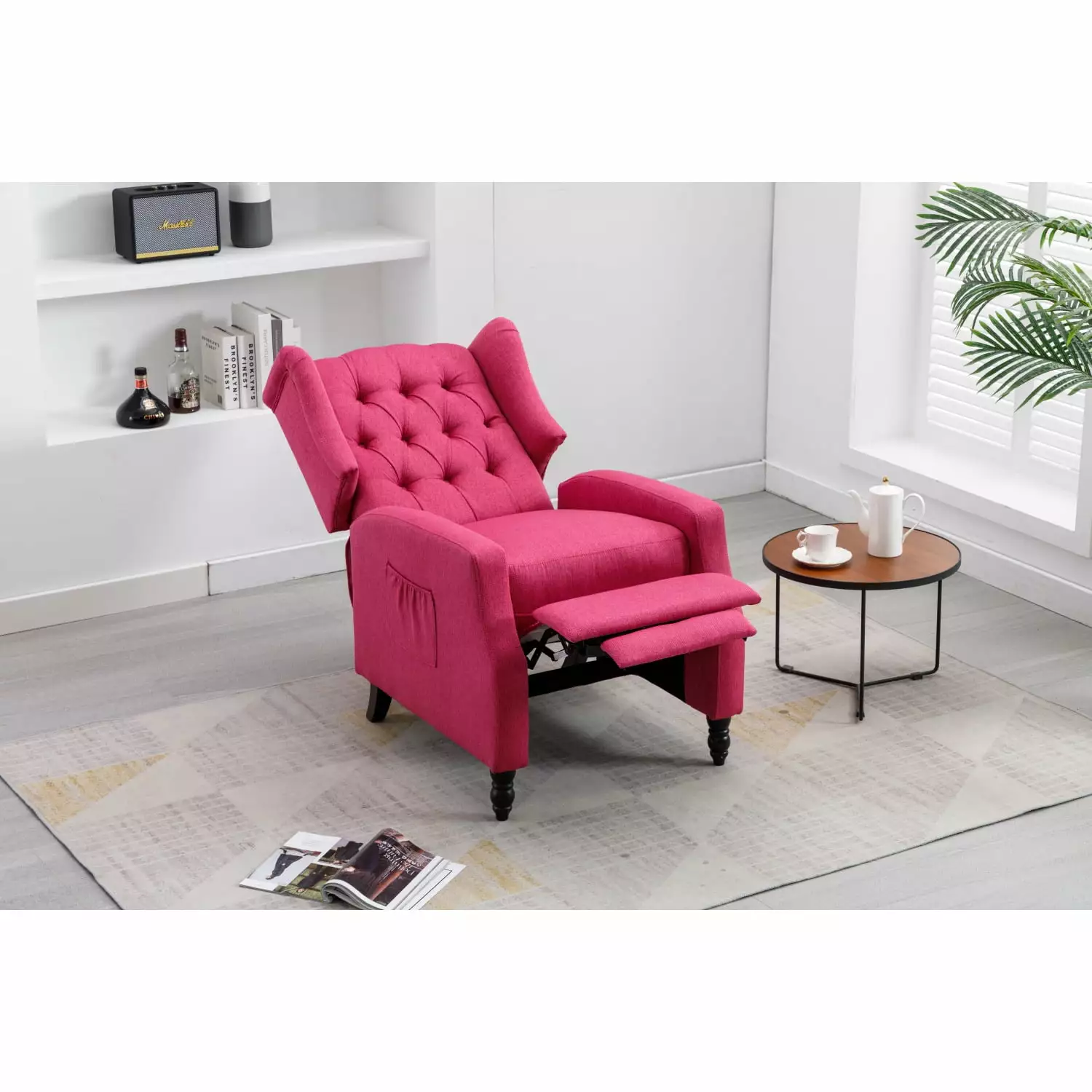 Rose Red Linen Upholstered Recliner Chair Foam Filling and Rubberwood Frame Ponnky