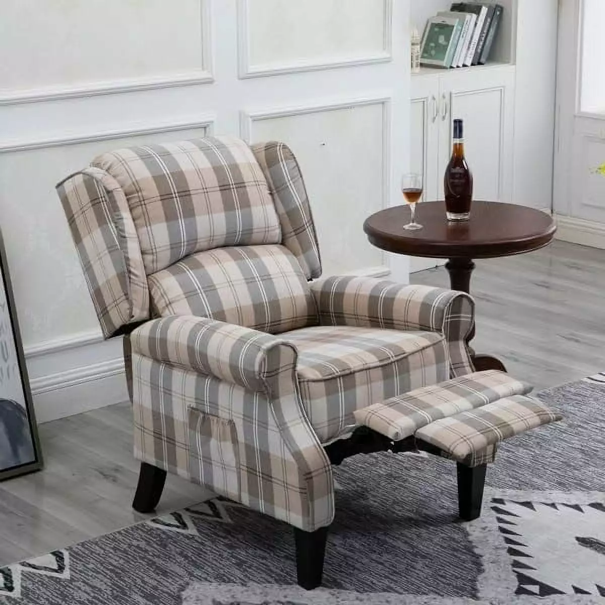 Modern Beige Check Upholstered Leisure Recliner Chair Multifunctional Single Sofa Footrest YANG97
