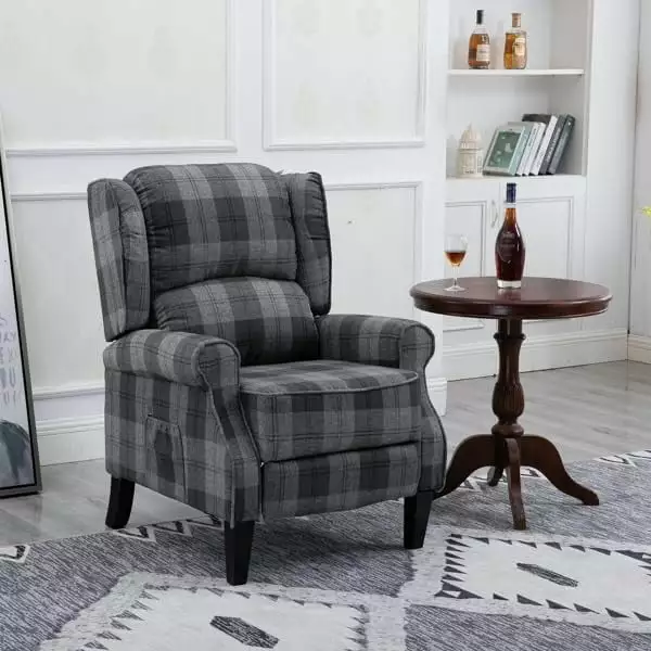 Modern Grey Check Upholstered Leisure Recliner Chair Multifunctional Single Sofa Footrest YANG97