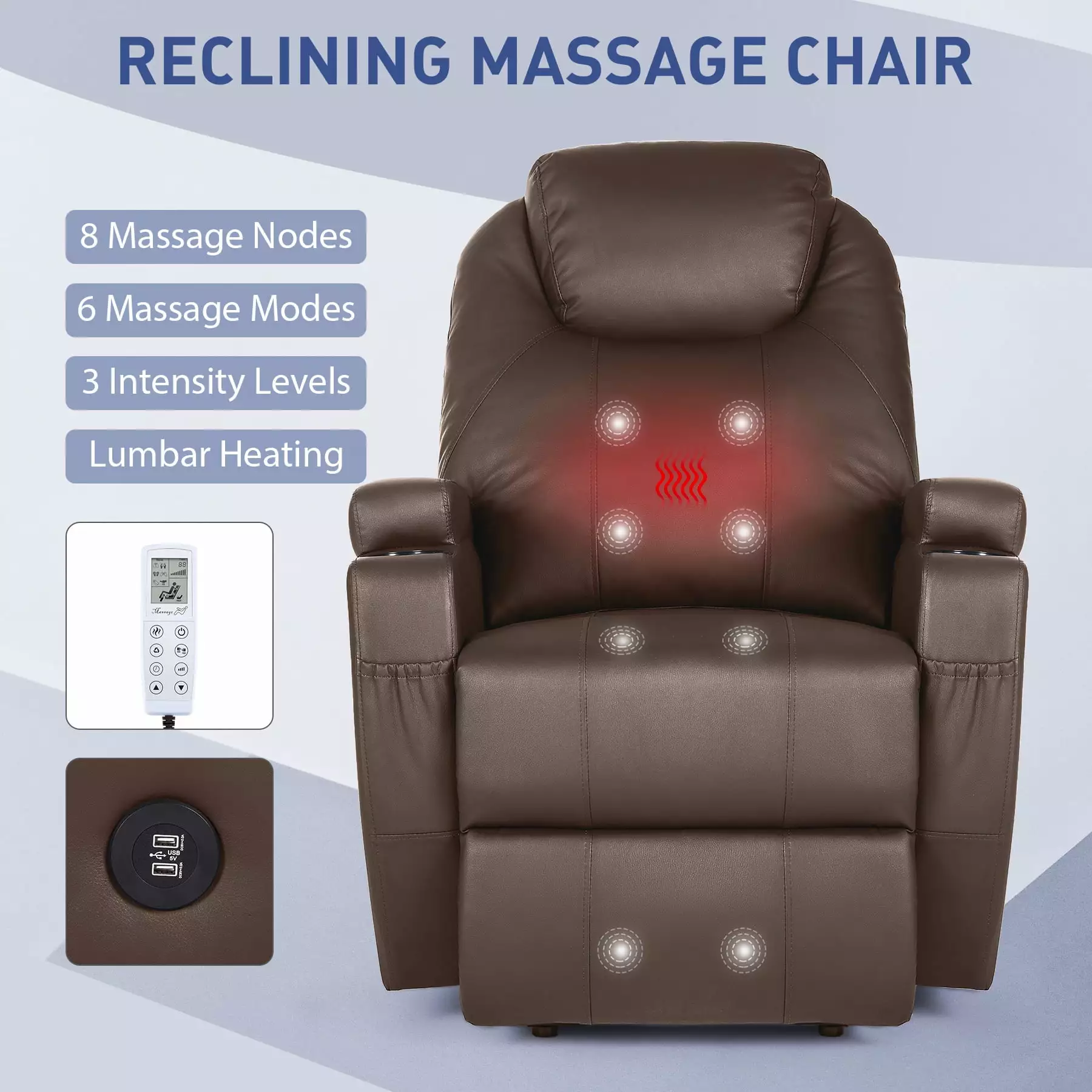 Bestco Power Lift Recliner Chair 8 Node Massage and Back Heating Brown