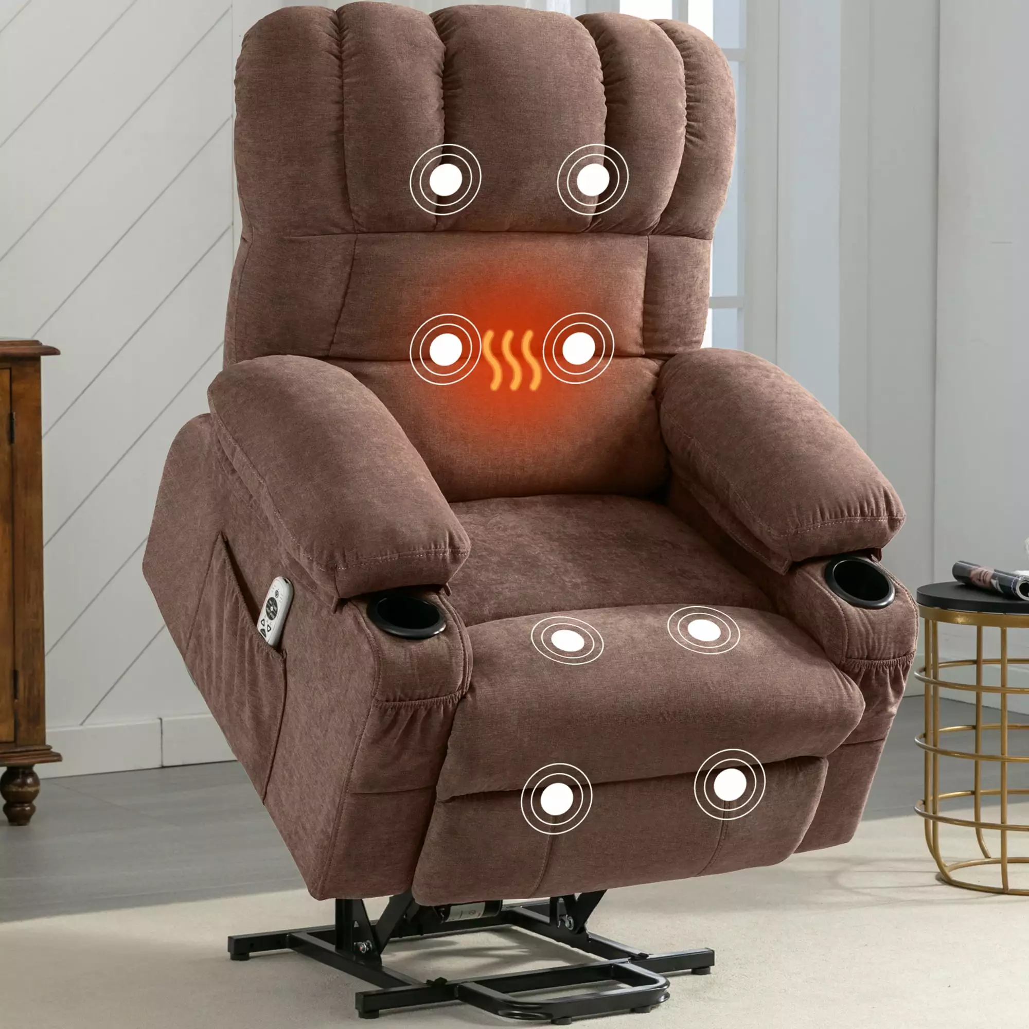 BTMWAY Electric Massage Lift Recliner Heating and Vibration Elderly Heavy Duty Fabric Sofa Brown