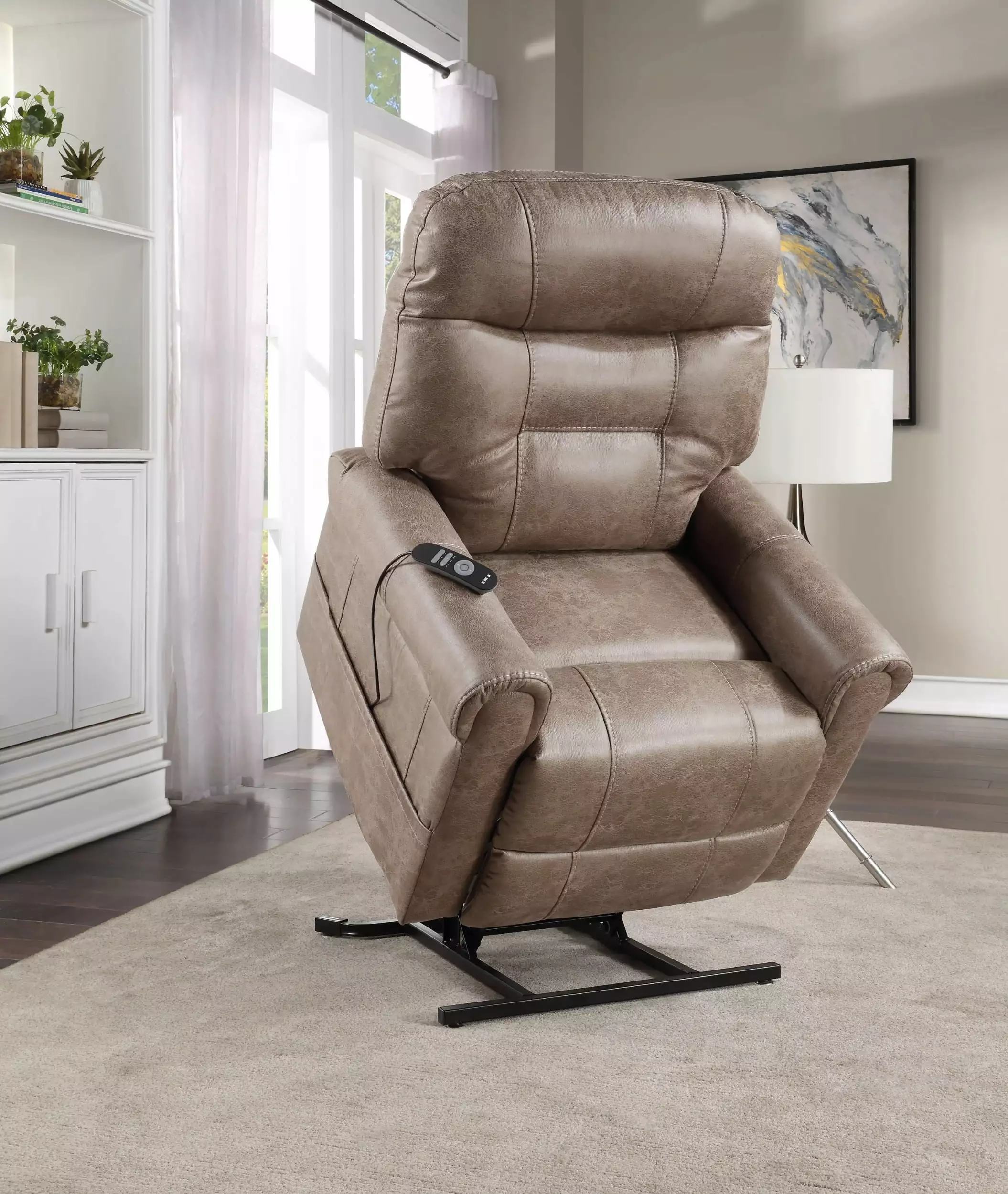 Classic Rolled Arm Power Lift Recliner Heat Massage Plush Polyester Fabric