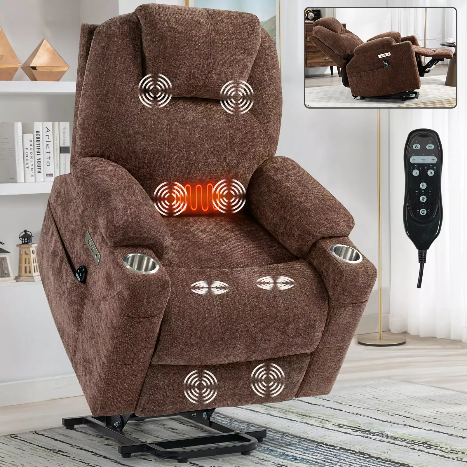 CoSoTower Chenille Power Lift Recliner Chair Heavy Duty 8-Point Massage Lumbar Heating USB Type-C Ports Brown
