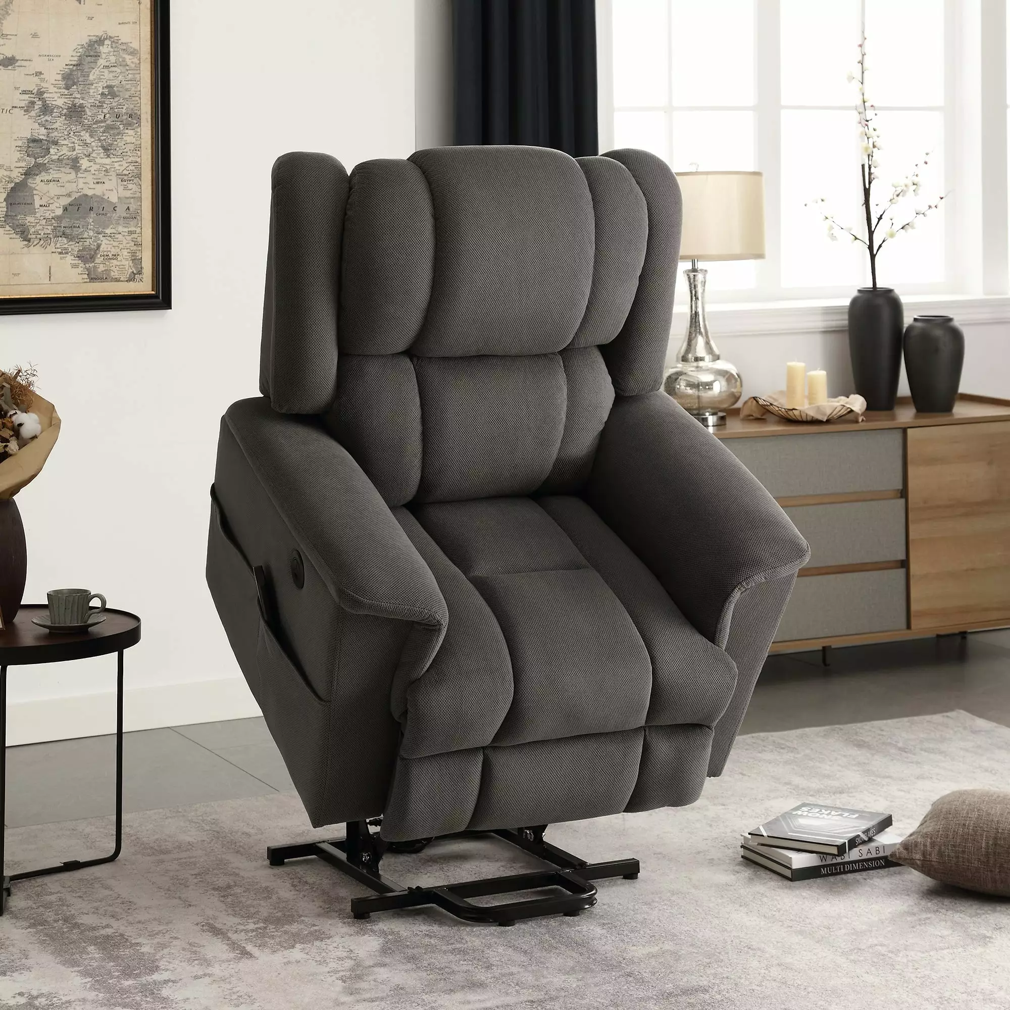 Alex Power Lift Recliner Heat and Massage Function Gray Fabric Go Green Woods